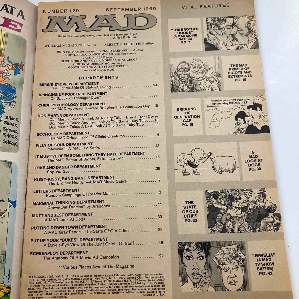 Table of contents page from Mad Magazine September 1969 No. 129, listing various sections and features including humorous articles and sketches about the cultural dynamics of the 1960s.