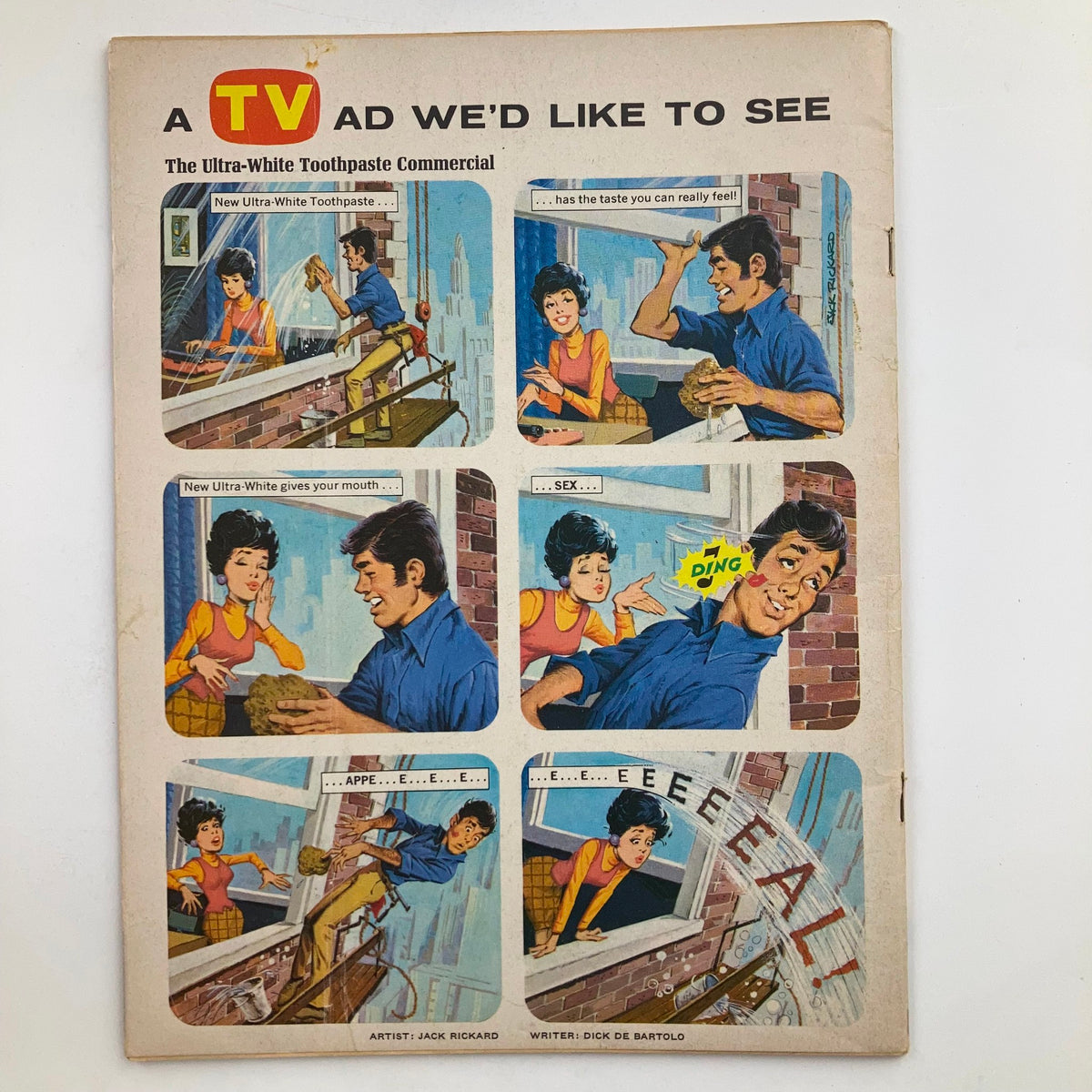 Back cover of Mad Magazine September 1969 No. 129 showcasing a cartoon depiction of a humorous Ulta-White toothpastes commercial, emphasizing the satirical comedy style of the magazine.