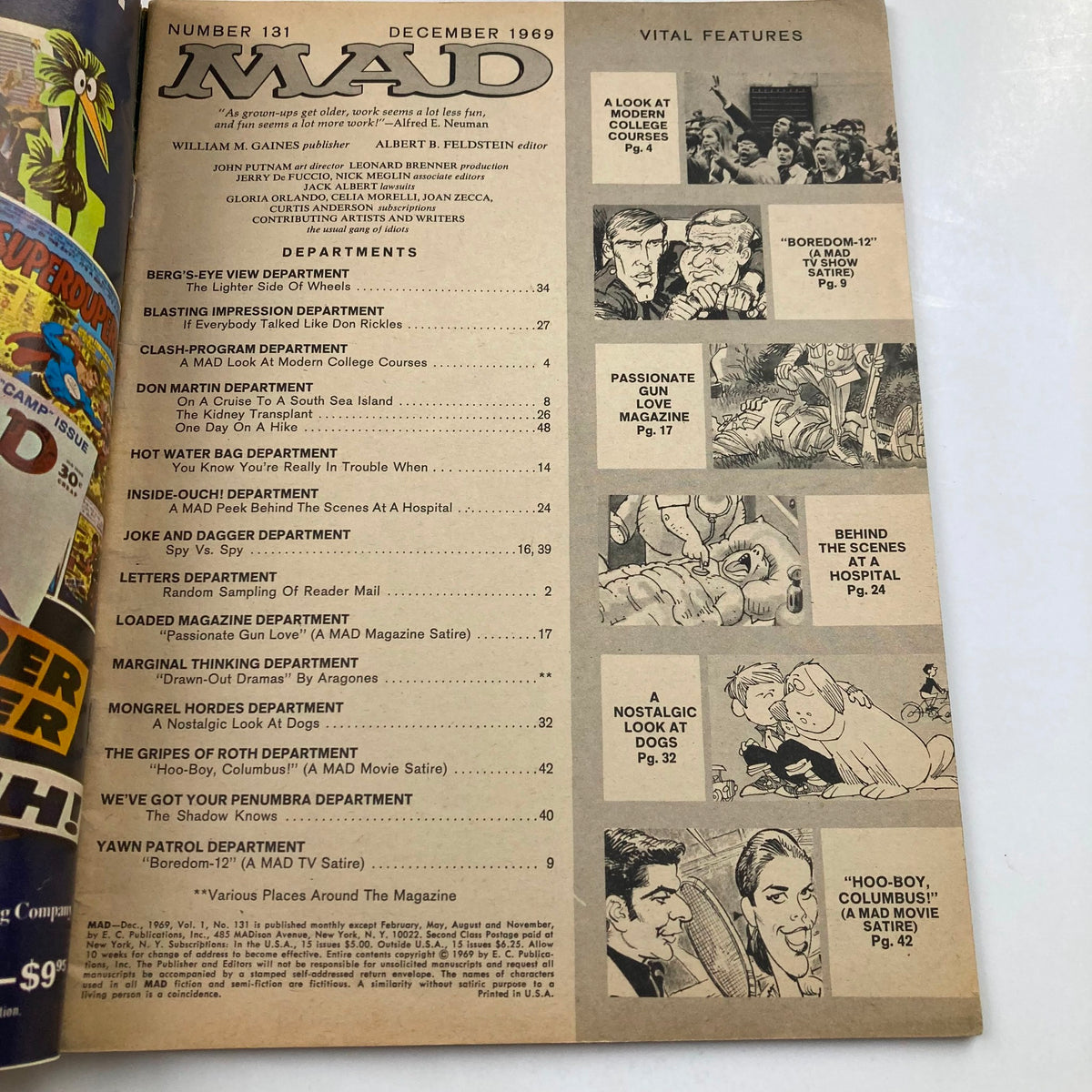 Table of contents from Mad Magazine December 1969 No. 131 showcasing various departments and features, highlighting its comedic satire on modern college courses and popular culture.