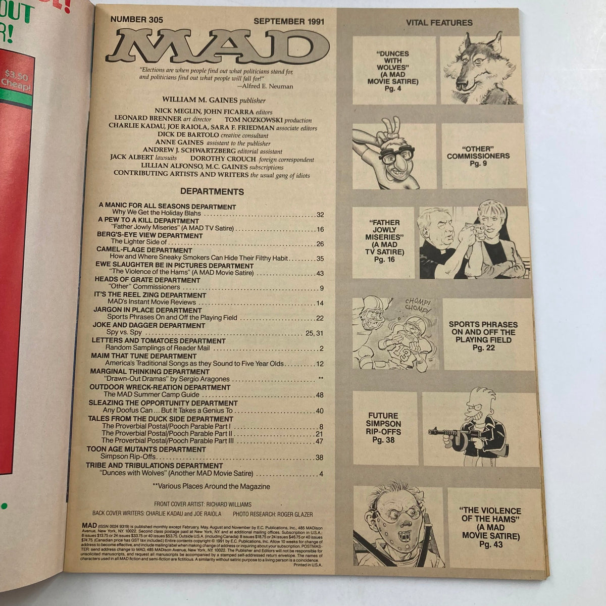 Contents page of Mad Magazine September 1991 No. 305, showcasing the issue's various departments and featured articles, including comedic satire and commentary from the early '90s.