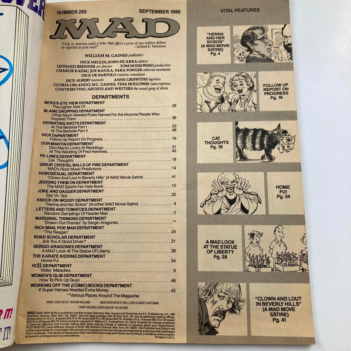 Interior page of Mad Magazine September 1986 No. 265 showing the table of contents, highlighting various features including 'Hannah and Her Sisters' satire and other comedic articles.