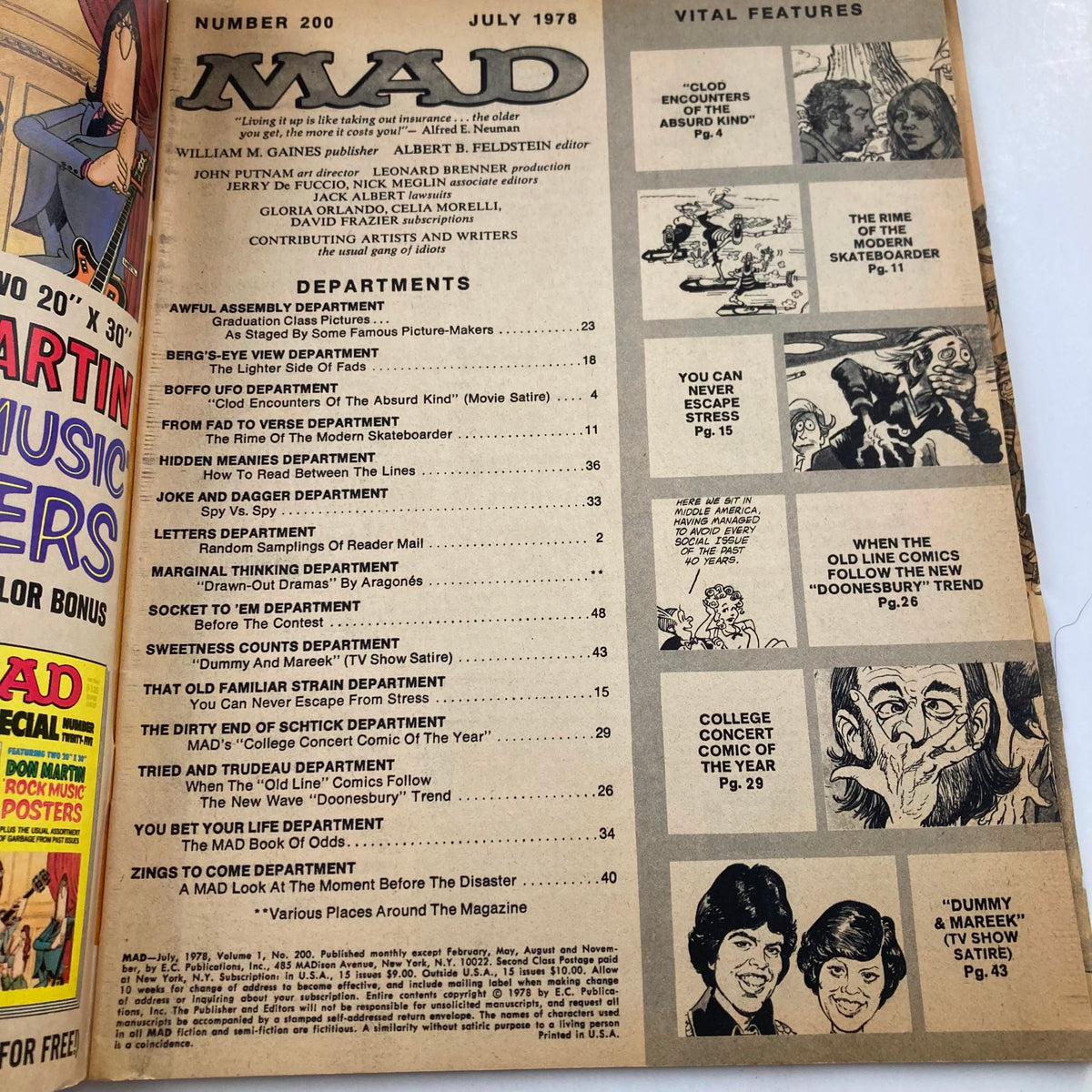 Interior of Mad Magazine July 1978 No. 200 displaying the table of contents and various sections including satire on movies and pop culture.