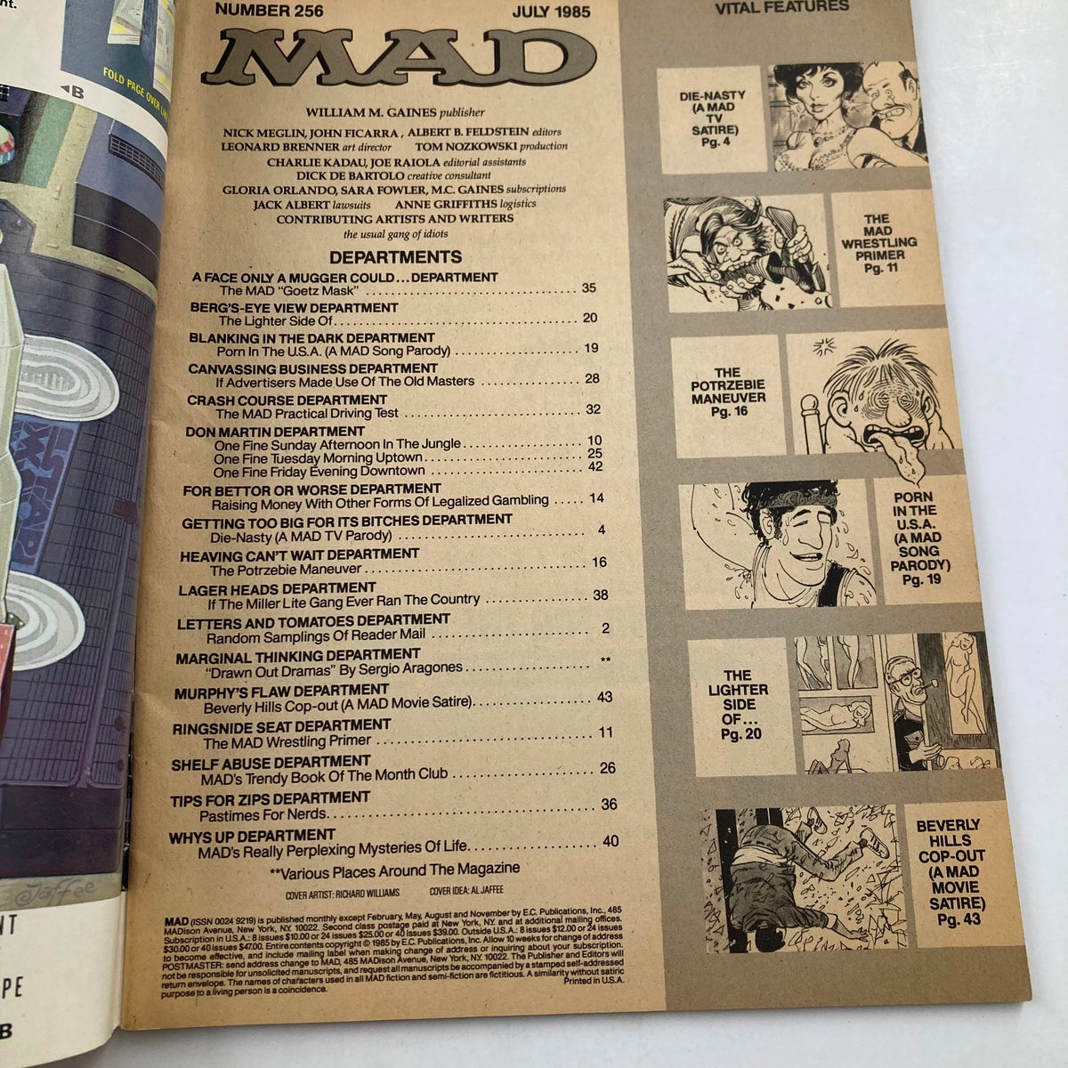 Contents page of Mad Magazine July 1985 No. 256 detailing articles and features, including satire on popular culture and sections related to Beverly Hills Cop.