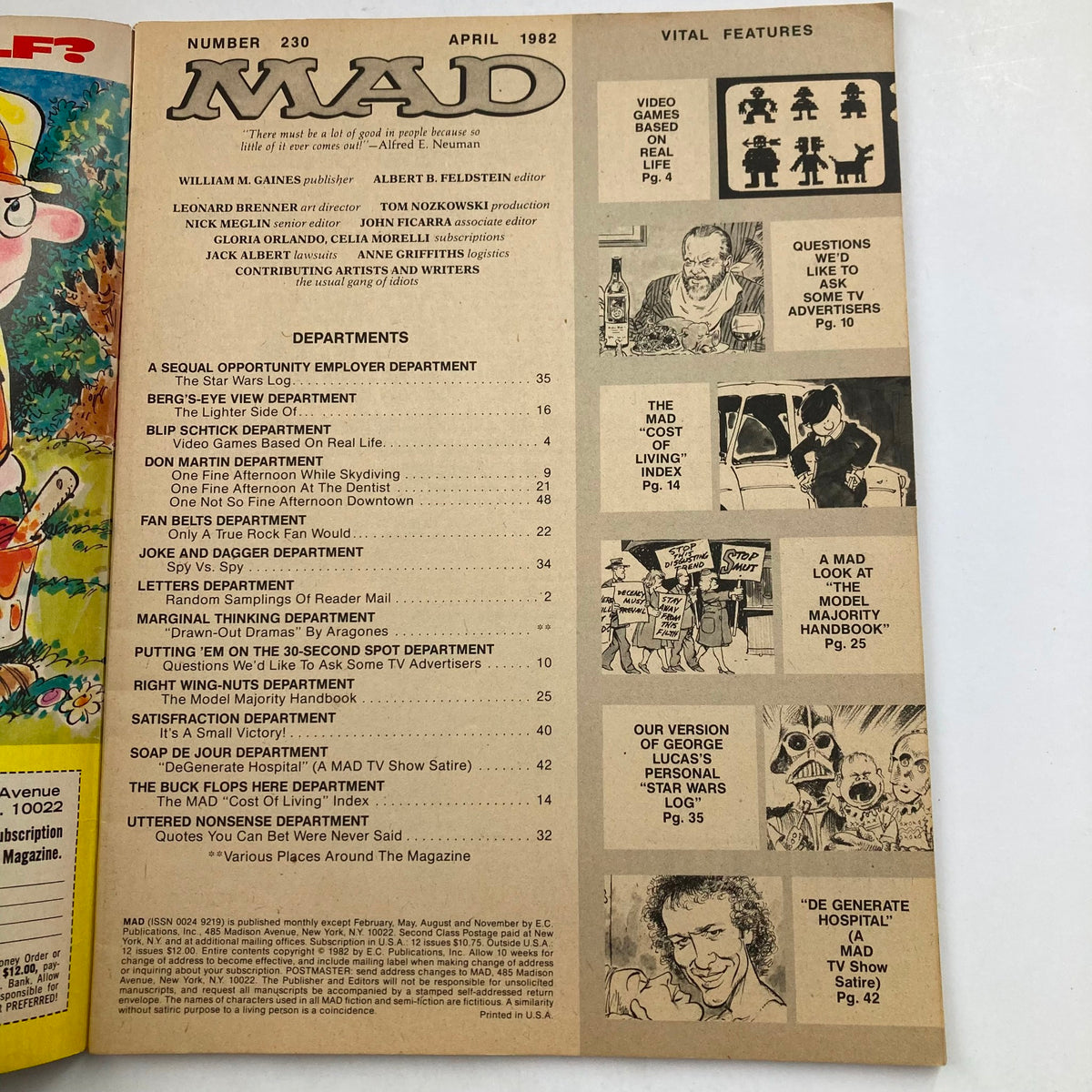 Inside page of Mad Magazine April 1982 No. 230 displaying the contents and features section, highlighting various humorous articles and illustrations popular in the 1980s.