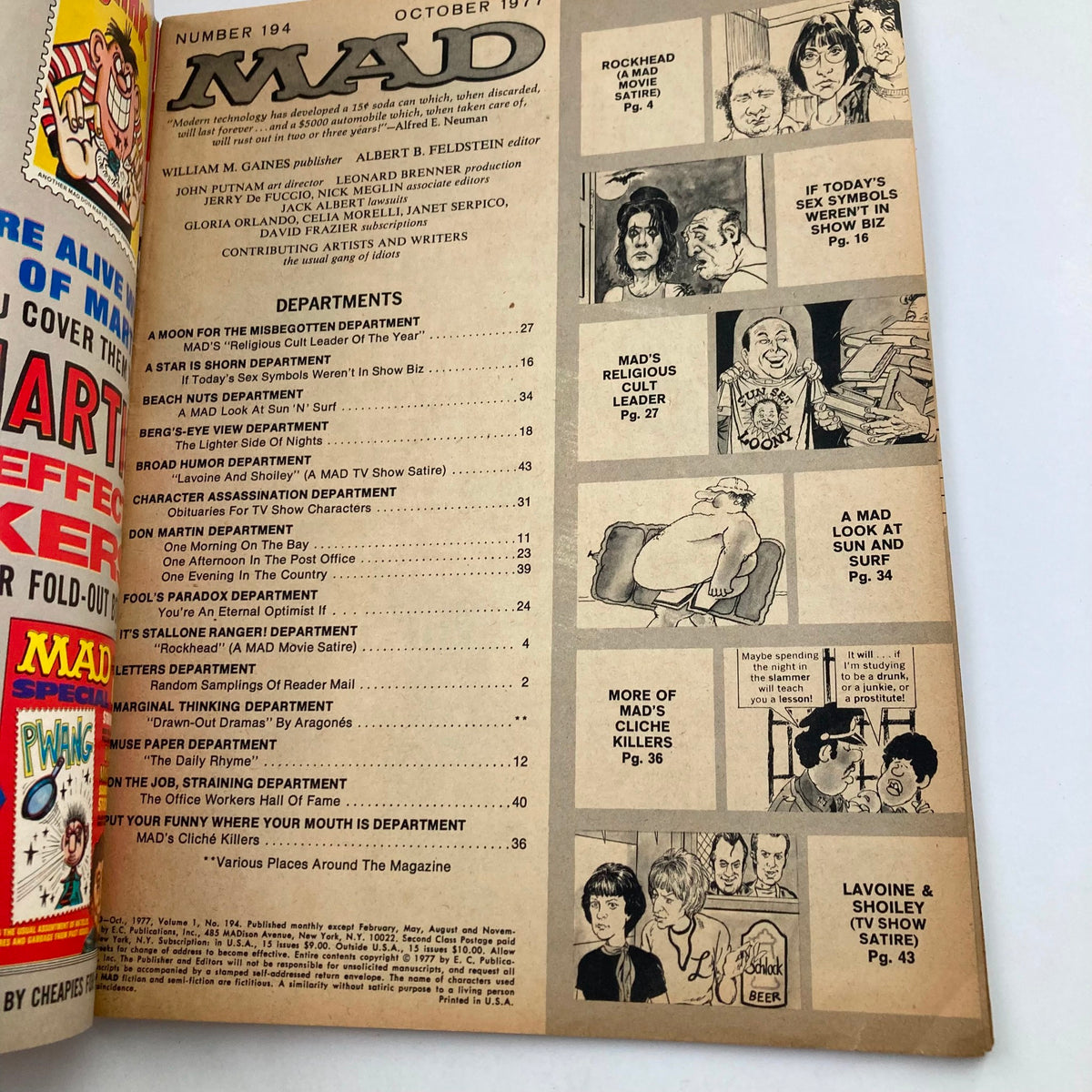 Inside page of Mad Magazine October 1977 No. 194, displaying the table of contents with various department titles and illustrations relating to the issue.