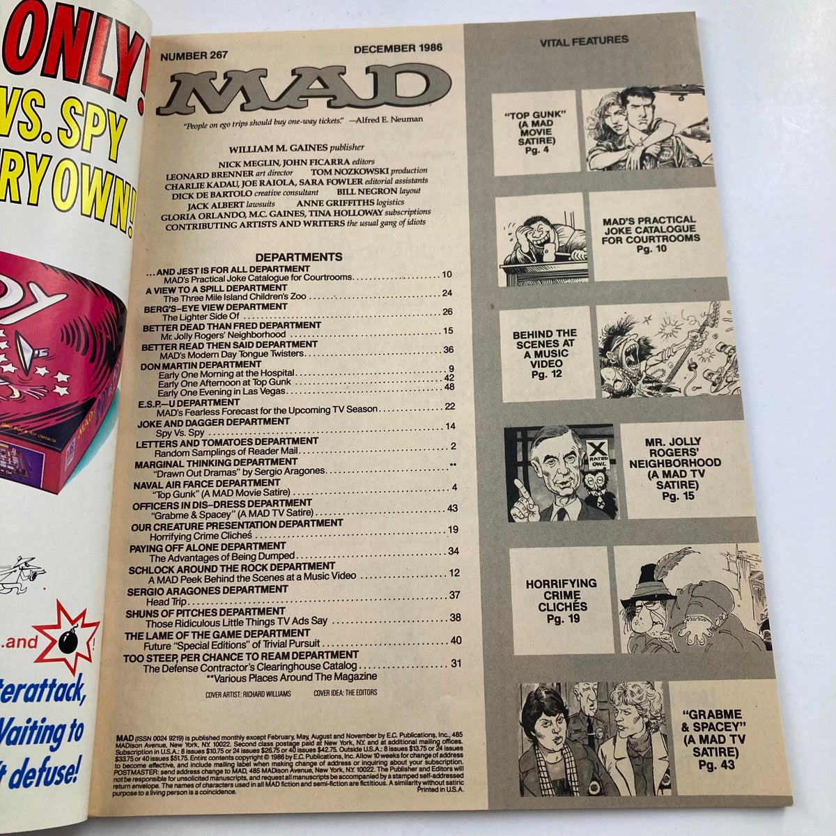 Inside page of Mad Magazine December 1986 No. 267 showing the table of contents featuring various departments and satirical articles.