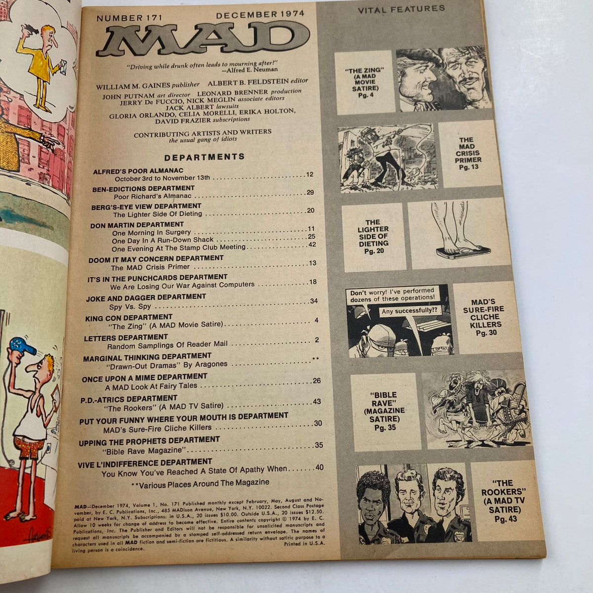 Inside page of Mad Magazine December 1974 No. 171 showing the table of contents with vibrant art elements and humor categories.