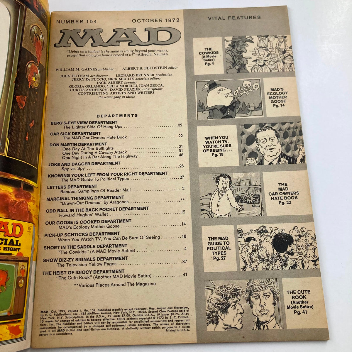 Interior page of Mad Magazine October 1972 No. 154, showcasing the table of contents and vital features with illustrations, highlighting the magazine's witty political commentary.