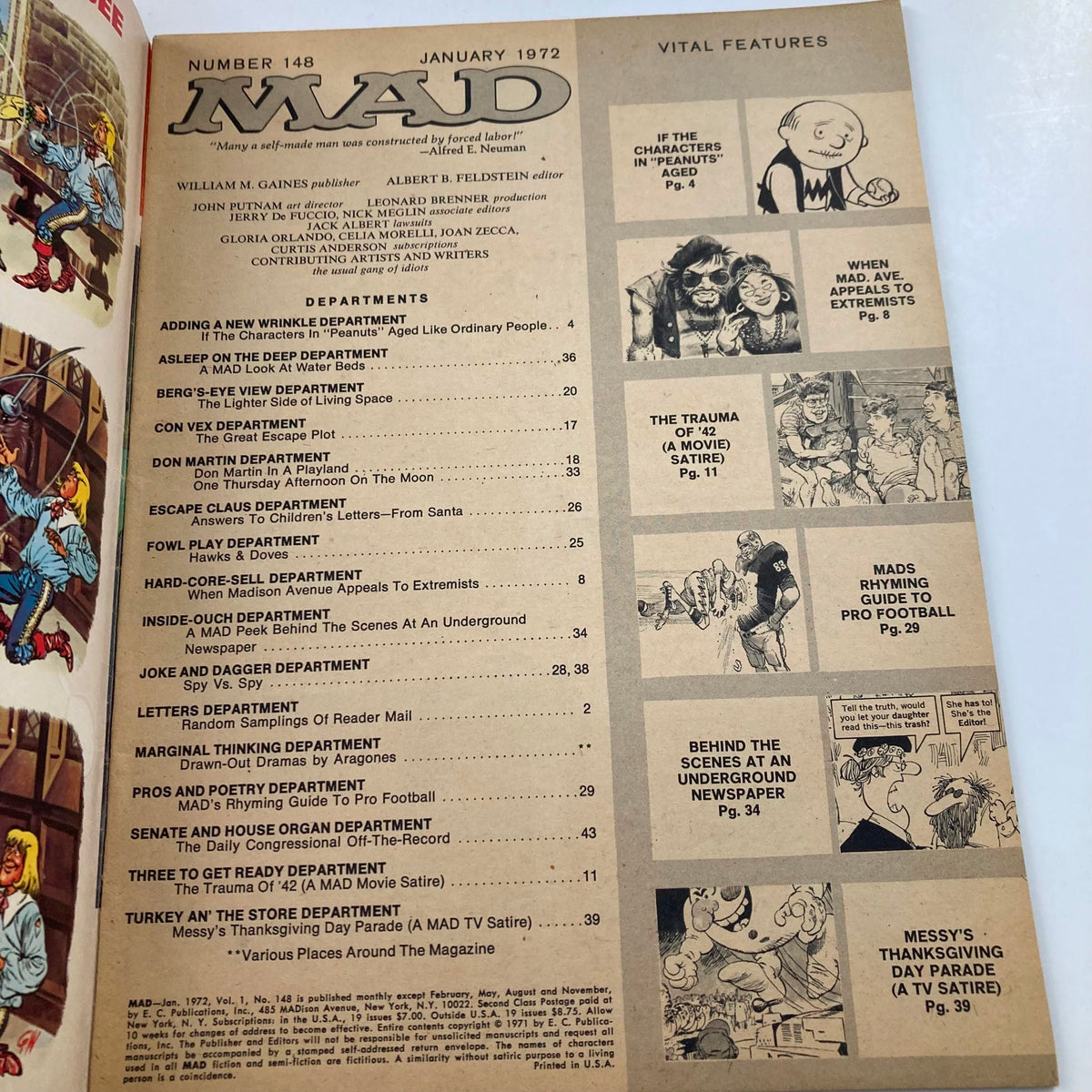 Interior page of Mad Magazine January 1972 No. 148 showcasing the table of contents and vital features, including 'The Trauma of 42 (A Movie Satire)'.