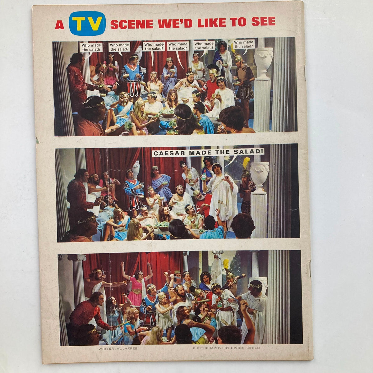 Mad Magazine January 1972 No. 148 cover illustration depicting a humorous scene titled 'A TV Scene We'd Like to See' featuring multiple characters in ancient attire, parodying a famous scene with the caption 'Caesar Made the Salad.'