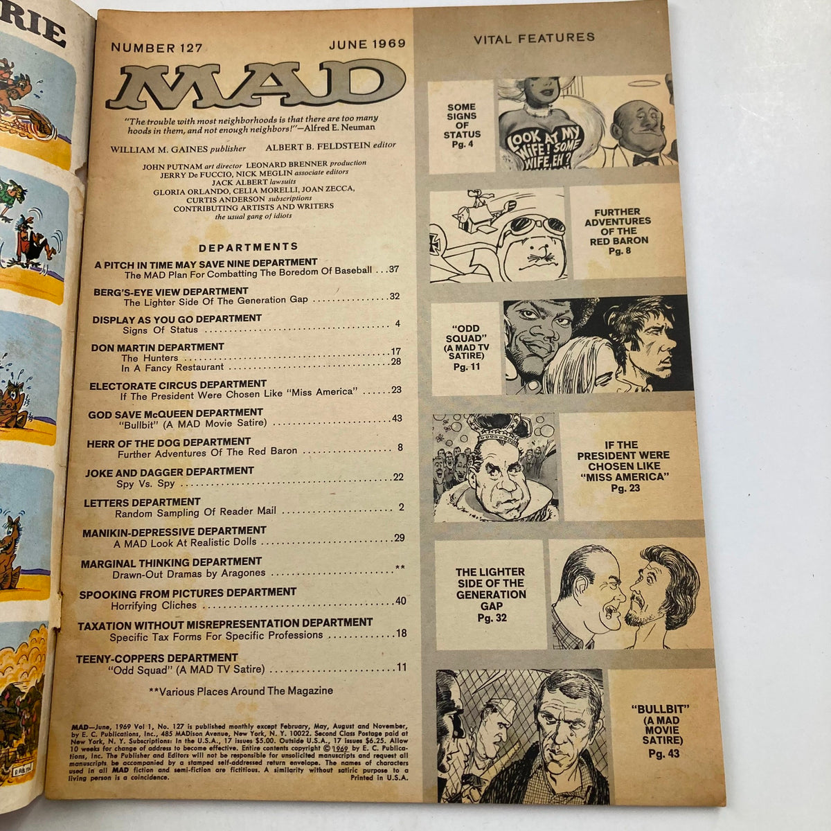 Table of contents from Mad Magazine June 1969 No. 127 outlining various departments and features including 'ODD SQUAD'.