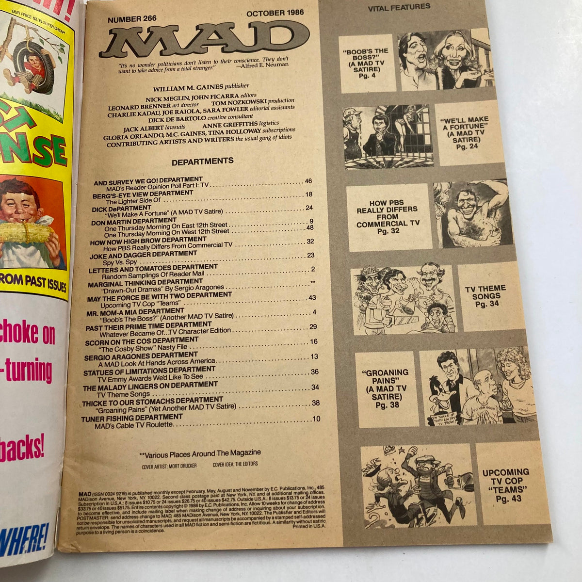 Interior page of Mad Magazine October 1986 No. 266 showcasing various departments and features, including a satirical piece titled 'Boob's the Bossy' and a table of contents.