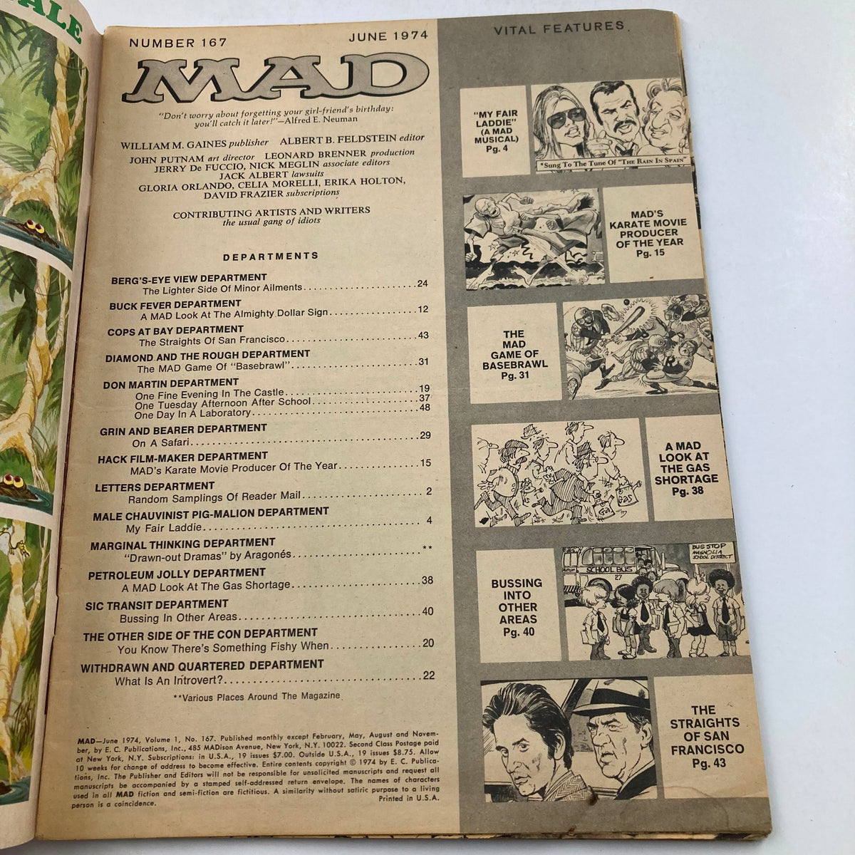 Interior page of Mad Magazine June 1974 No. 167, showcasing the table of contents with various departments and comic features listed.