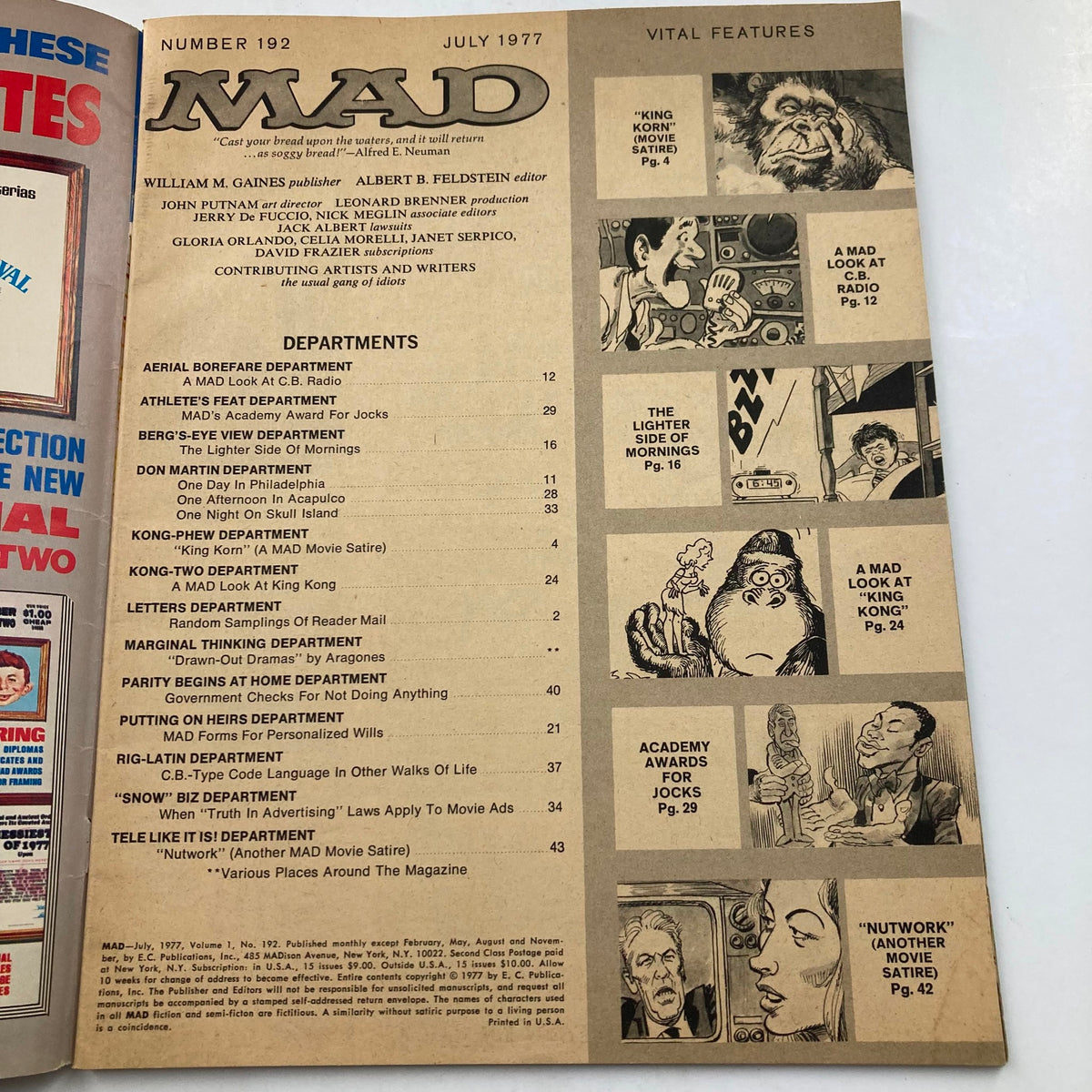 Interior page of Mad Magazine July 1977 No. 192, displaying the table of contents with various features and highlights from the issue.