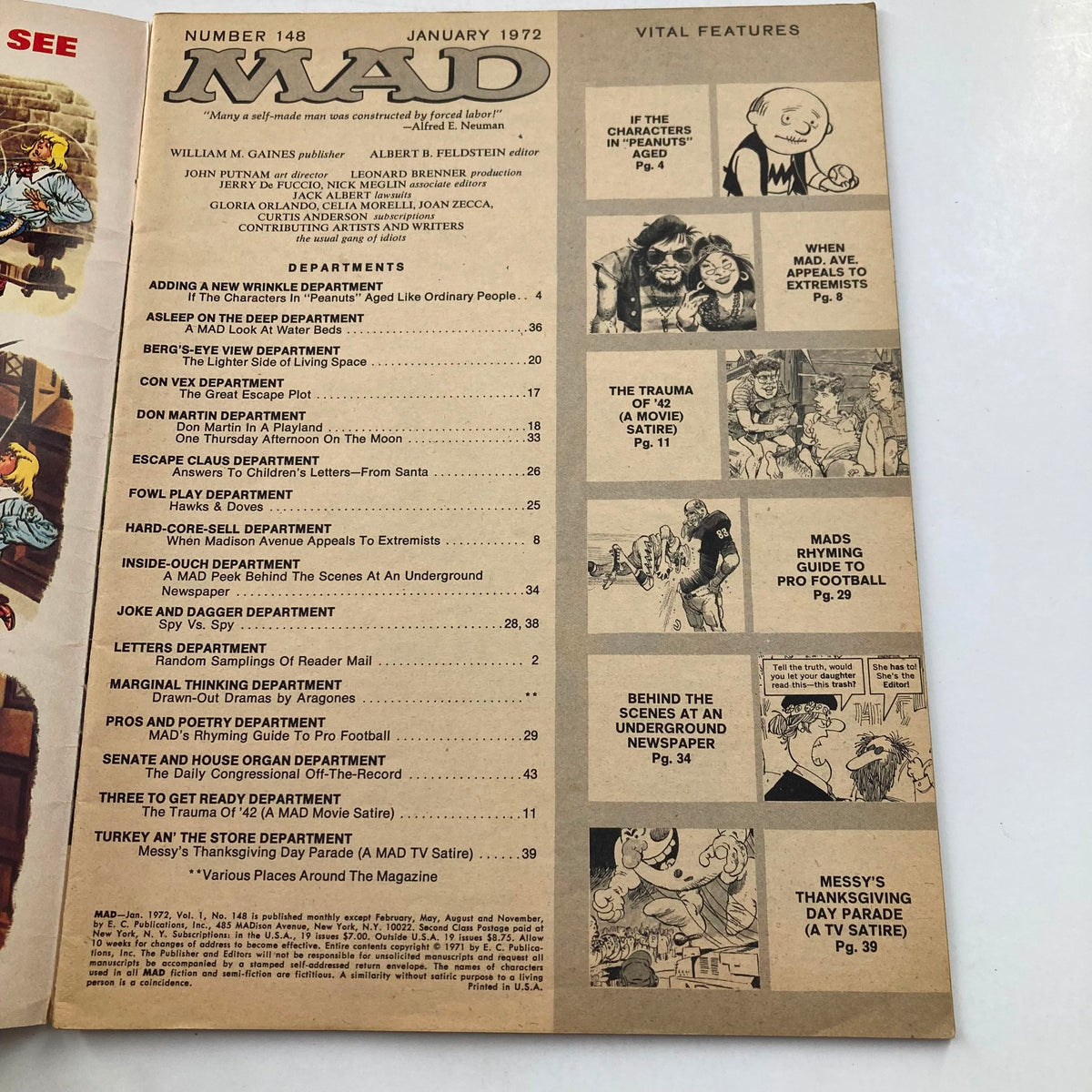 Contents page of Mad Magazine January 1972 No. 148 outlining various sections including 'MAD's Rhyming Guide to Pro Football' and other comedic articles.