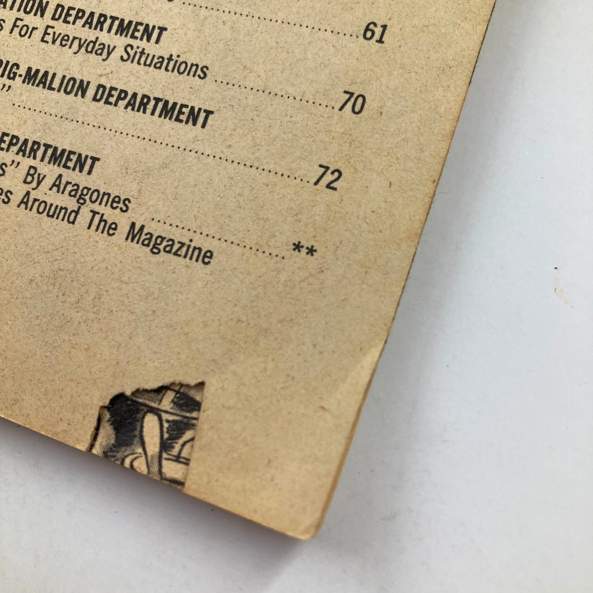 Close-up of the interior page of Mad Super Special Magazine 1978 No. 25 with a glimpse of the table of contents and vintage artwork.
