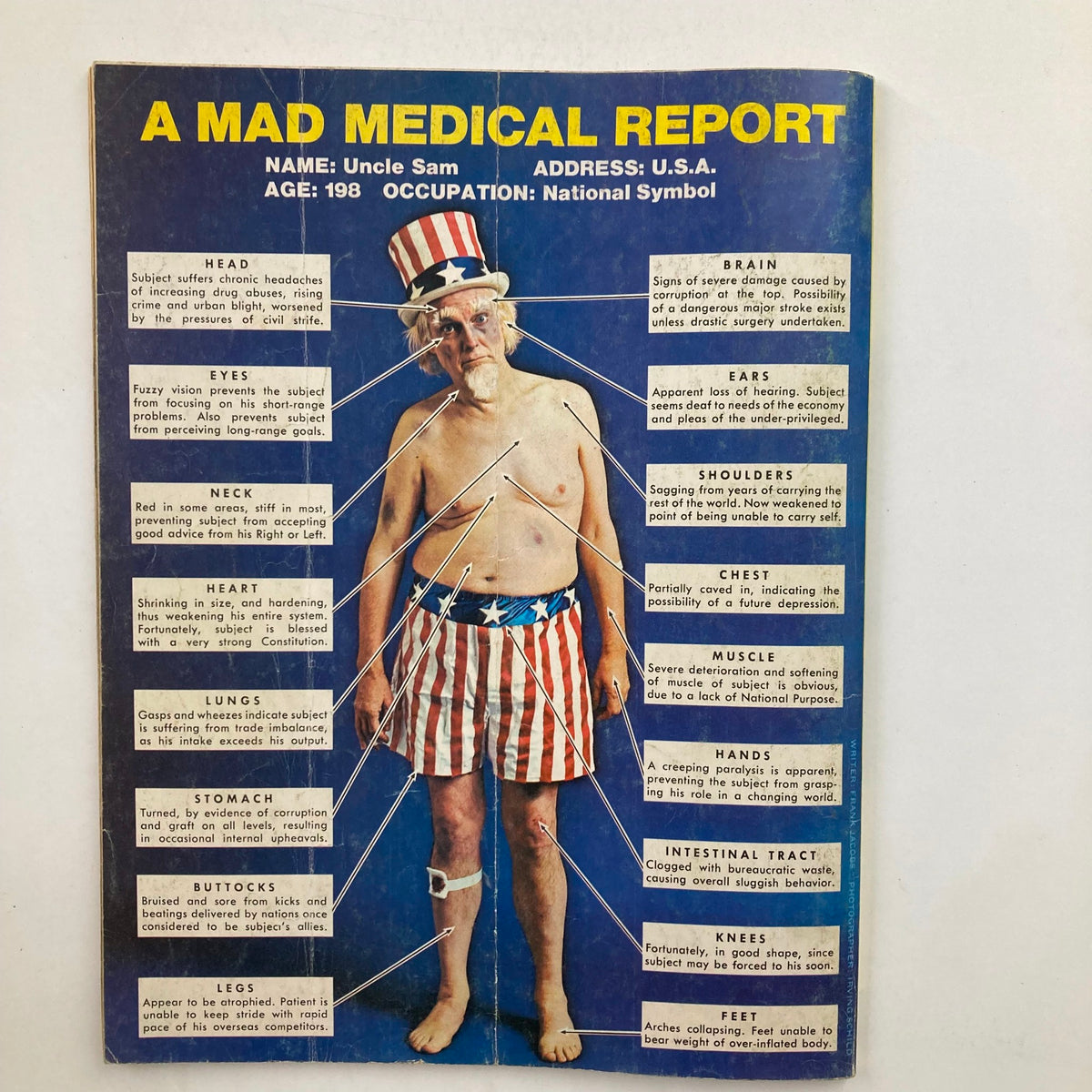 A Mad Medical Report featuring Uncle Sam, showcasing humorous annotations on his physical condition. It includes details about his head, eyes, neck, heart, lungs, stomach, buttocks, legs, brain, ears, shoulders, chest, muscle, hands, intestinal tract, knees, and feet. The image is a satirical representation from the Mad Super Special Magazine 1978 No. 25.