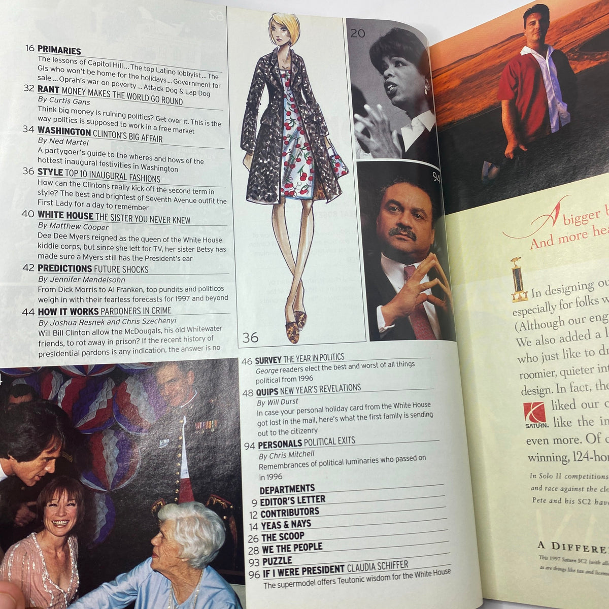 Another internal page of George Magazine January 1997 highlighting 90s politics and cultural insights, featuring various articles.