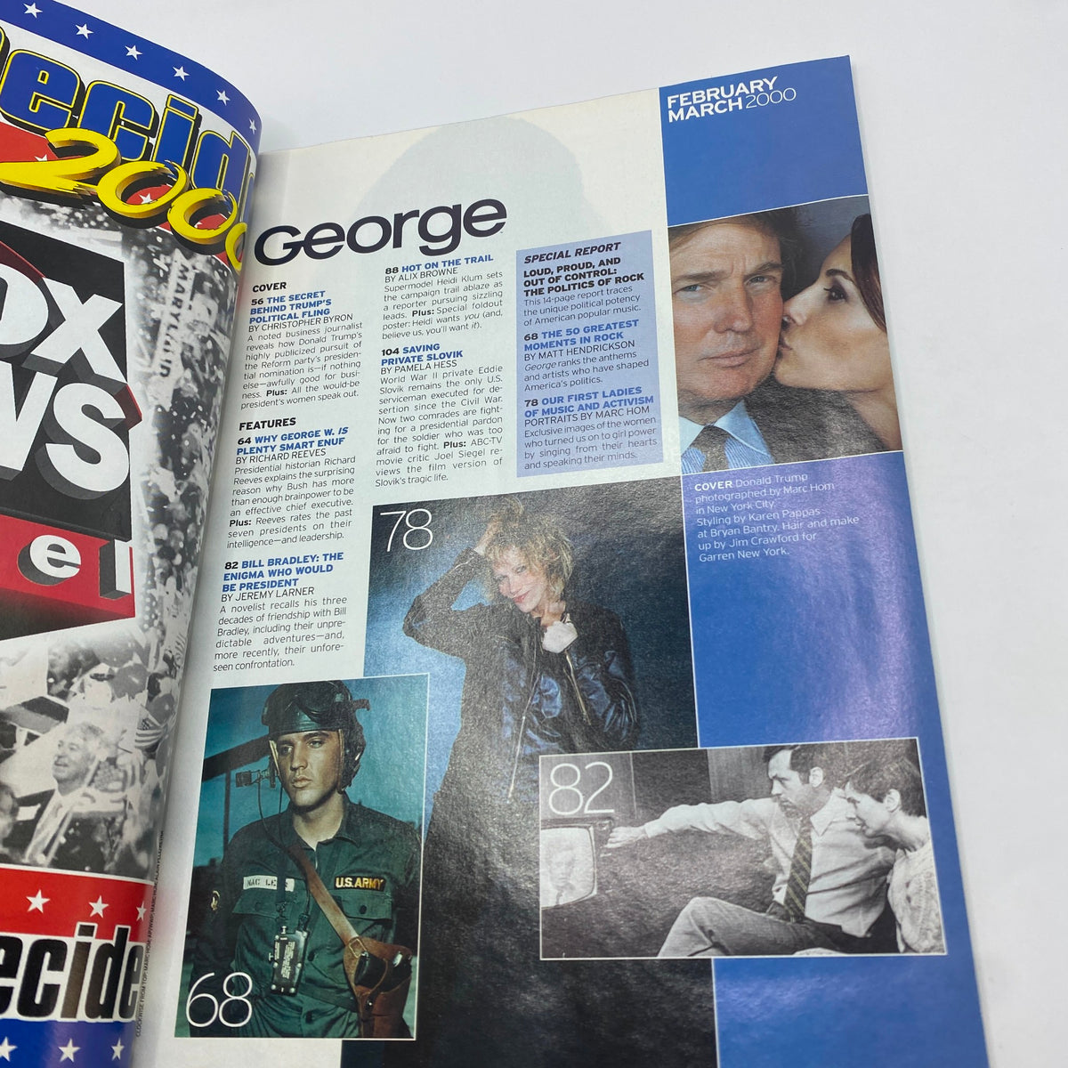 Interior page of George Magazine February - March 2000 featuring Donald Trump cover and editorial highlights including articles on pop culture and political commentary.