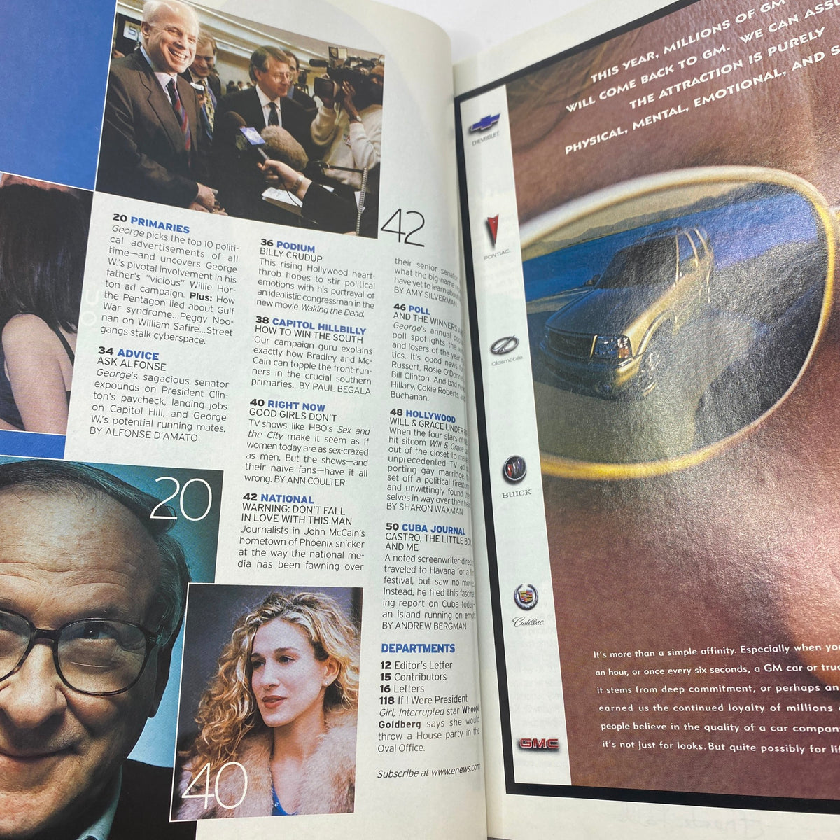 Interior page of George Magazine February - March 2000 featuring articles and content related to Donald Trump cover and Elvis Presley. The layout includes section headings and images, showcasing the magazine's blend of politics and celebrity.