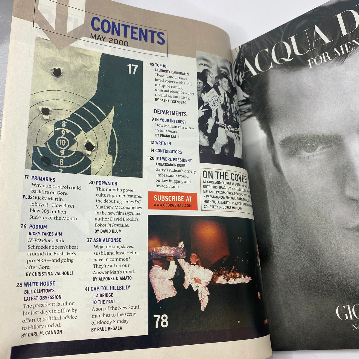 Contents page of George Magazine May 2000 featuring articles and features related to Al Gore and George W. Bush cover.