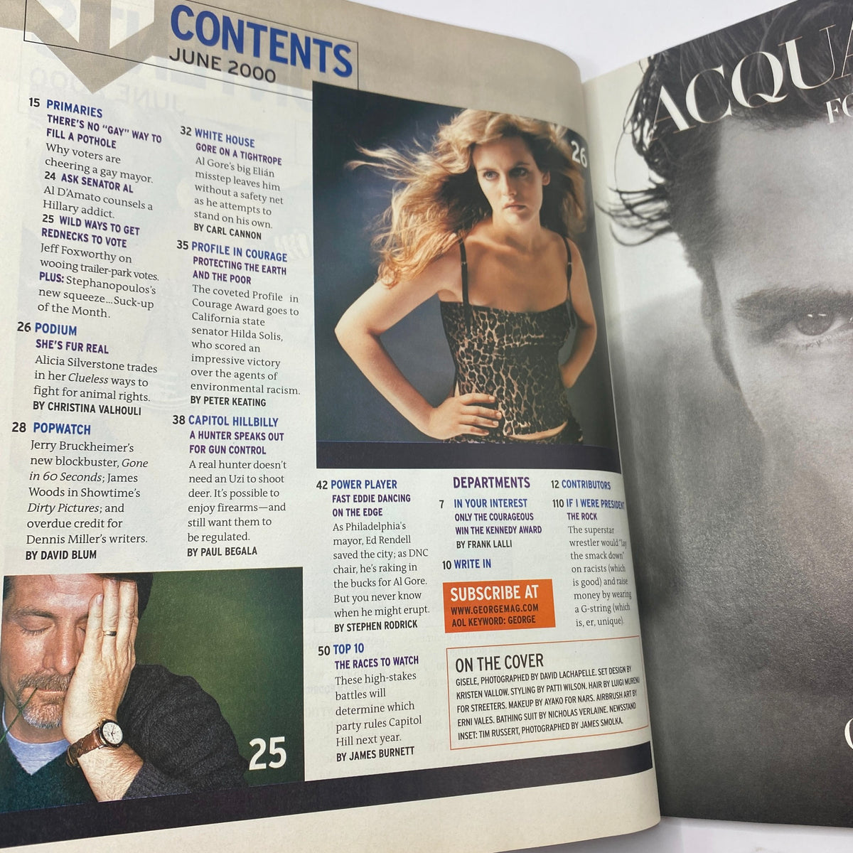 Contents page from George Magazine June 2000 featuring various column highlights, including a profile of Alicia Silverstone, and a section titled 'Acquainted for the Cover', emphasizing Gisele Bündchen's presence.
