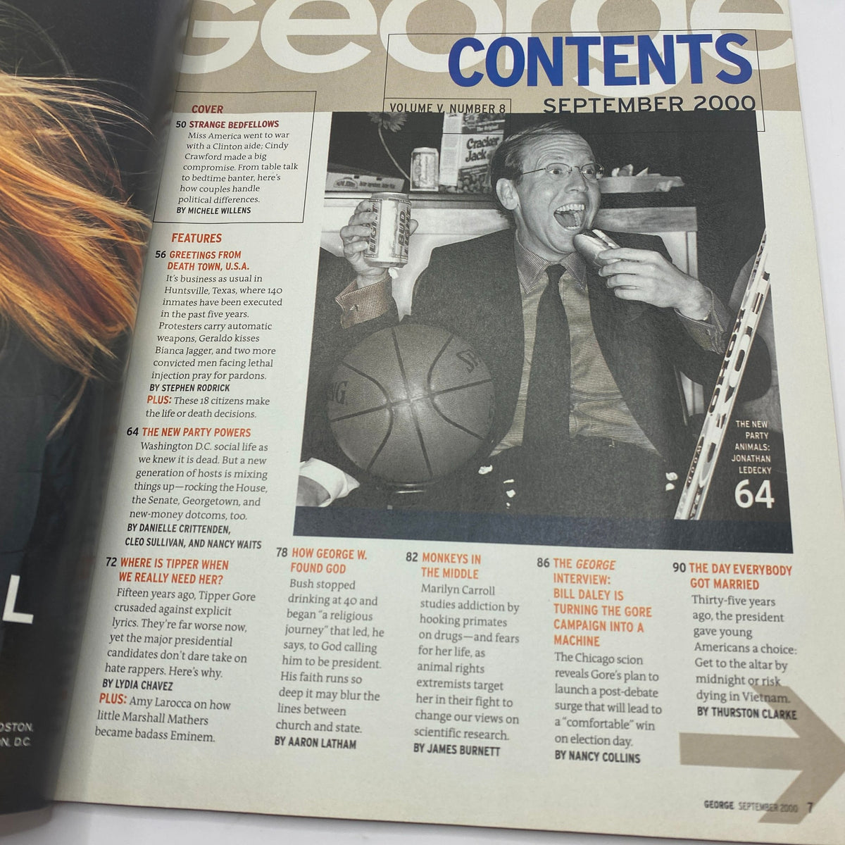 Contents page of George Magazine September 2000, detailing features including Cindy Crawford and Rande Gerber's cover story.