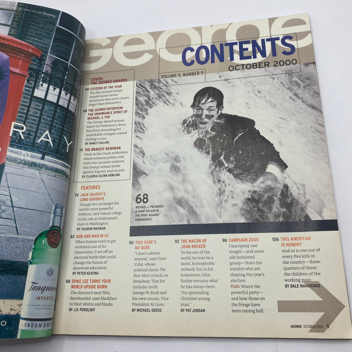 Contents page of George Magazine October 2000 Vol 5 No. 9 featuring Michael J. Fox, showcasing articles and features including a look at the political landscape and cultural commentary.