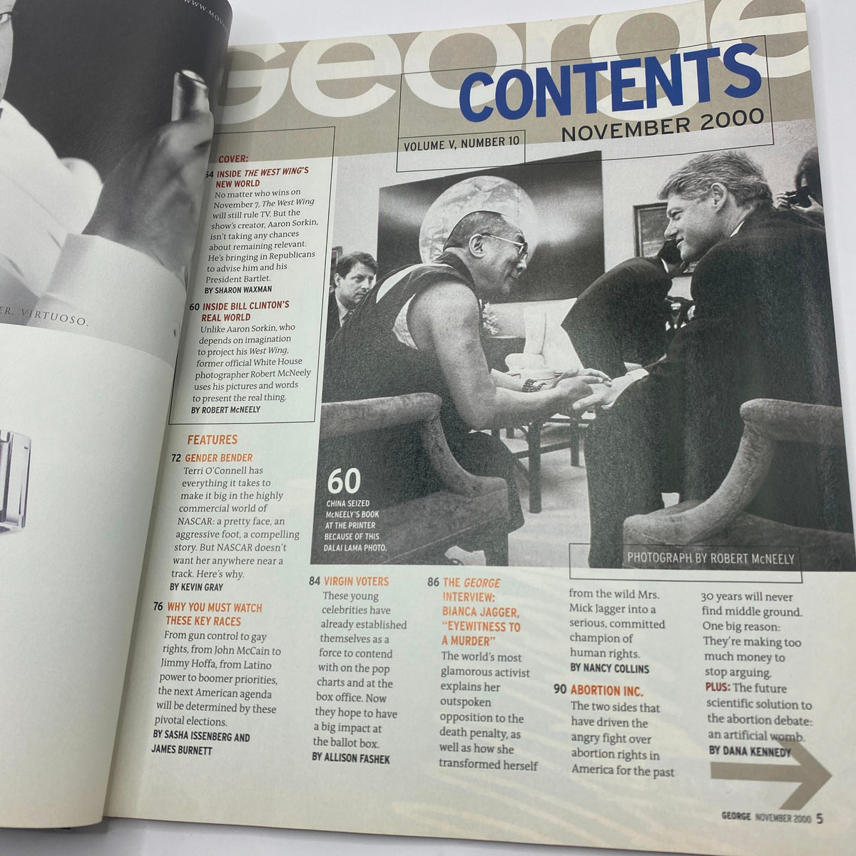 Contents page of George Magazine November 2000 Vol 5 No. 10 showing list of articles including features on the entertainment and political landscape of the time.