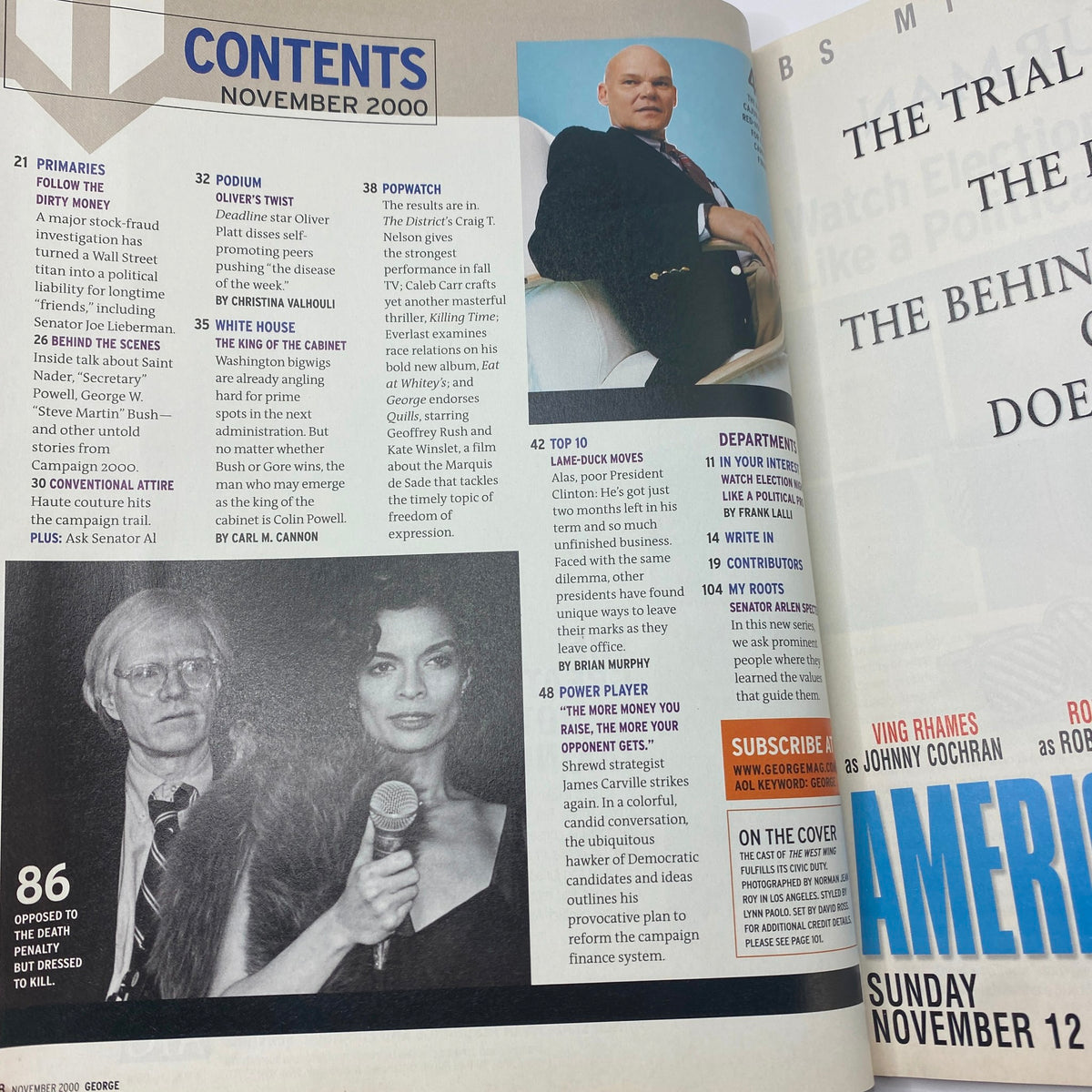Another contents page from George Magazine November 2000 Vol 5 No. 10 detailing various sections including political commentary and interviews.