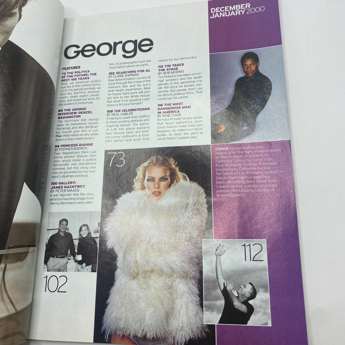 Inside page of George Magazine December - January 2000 featuring articles and features, highlighted by the cover image of Denzel Washington, showcasing the blend of politics and entertainment.