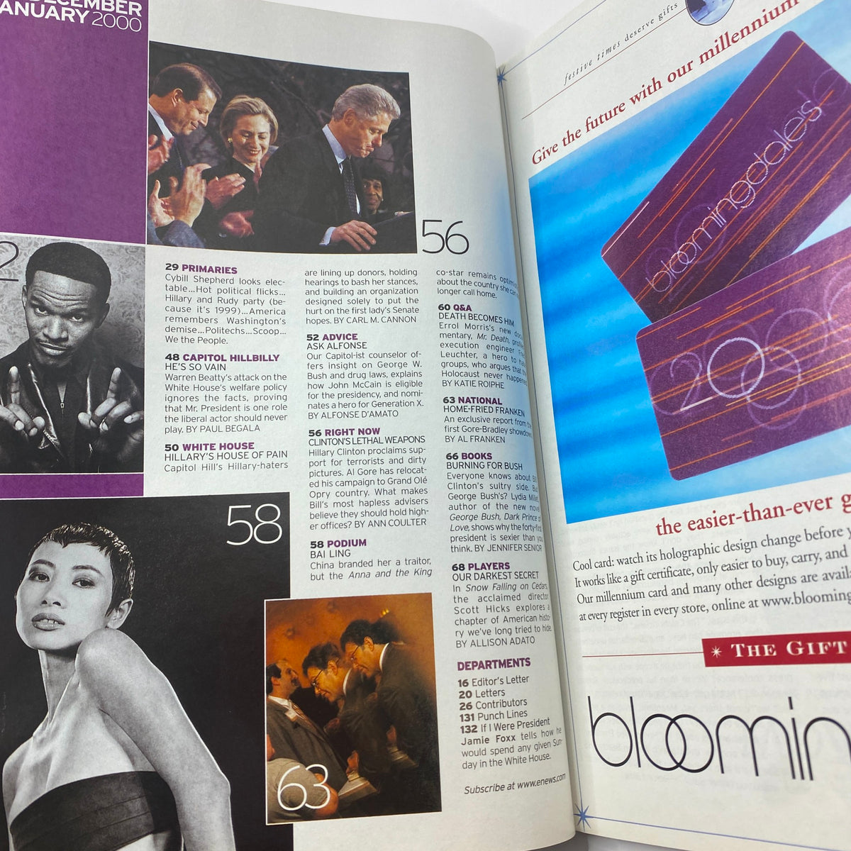Another inside page of George Magazine December - January 2000, displaying various articles with visual emphasis on notable figures, reflecting Denzel Washington's influence in Hollywood.