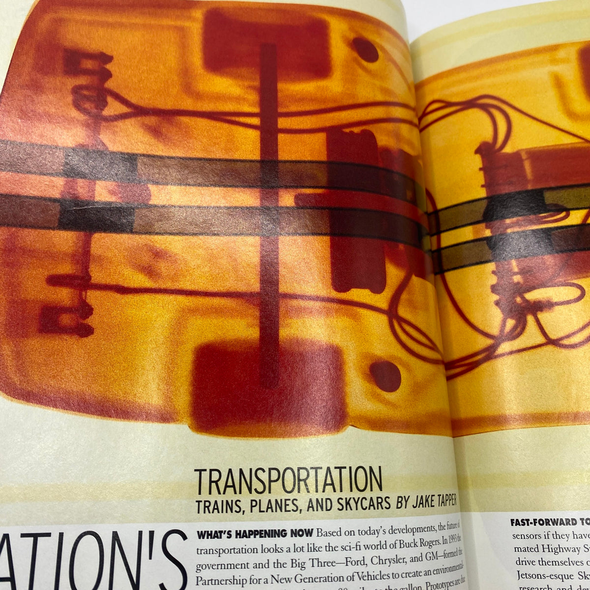 Transportation feature from George Magazine February 1997 discussing innovative transportation technologies, including skycars.
