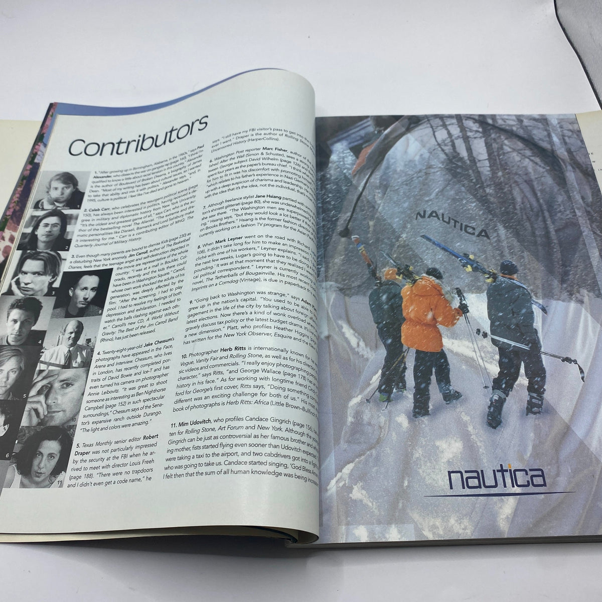 Contributor section from George Magazine October - November 1995 with a focus on key contributors and their roles, showcasing diverse pieces relevant to the magazine's theme.