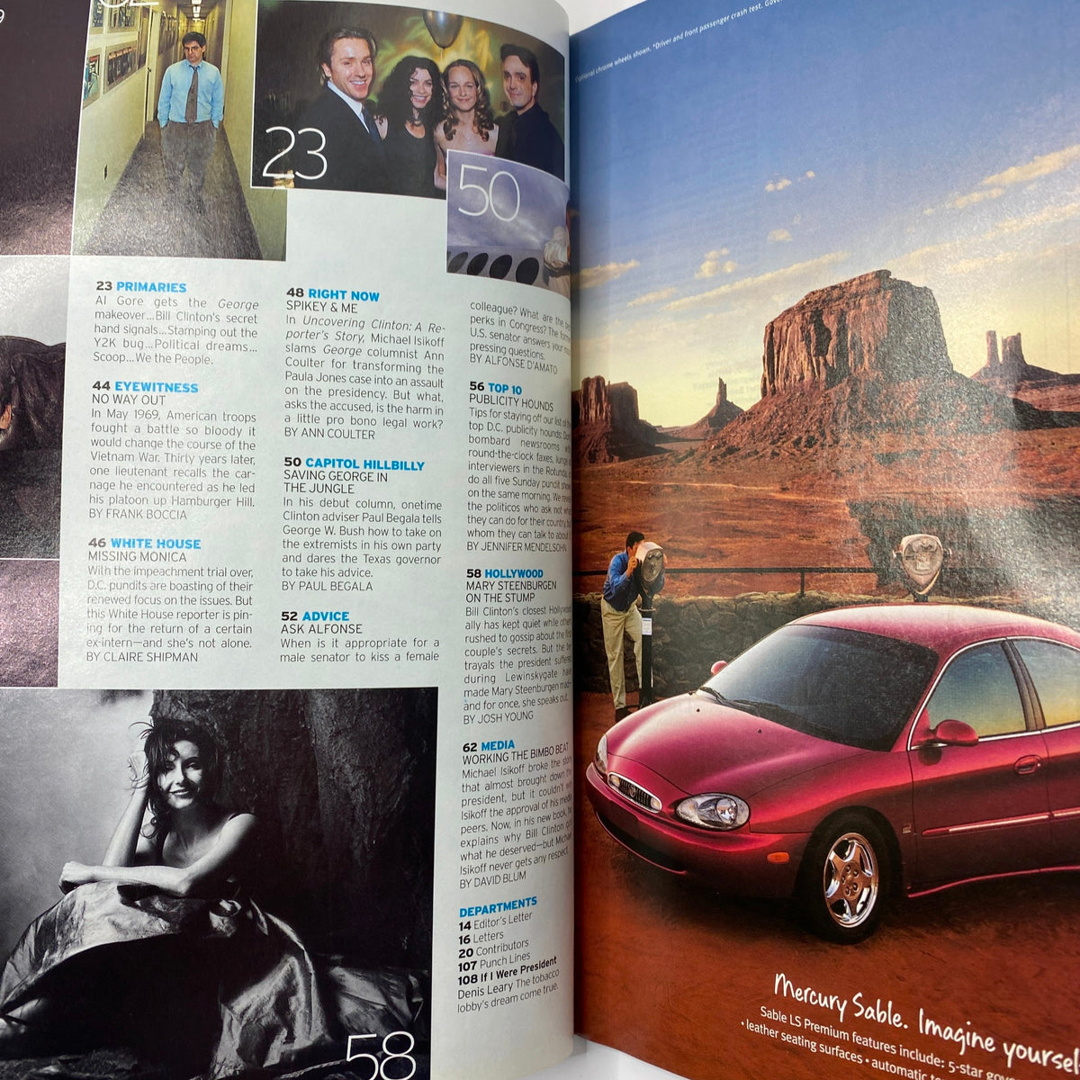 Another interior page of George Magazine May 1999 containing articles on political themes, including celebrity influence and public opinion. Features photographs and detailed content.