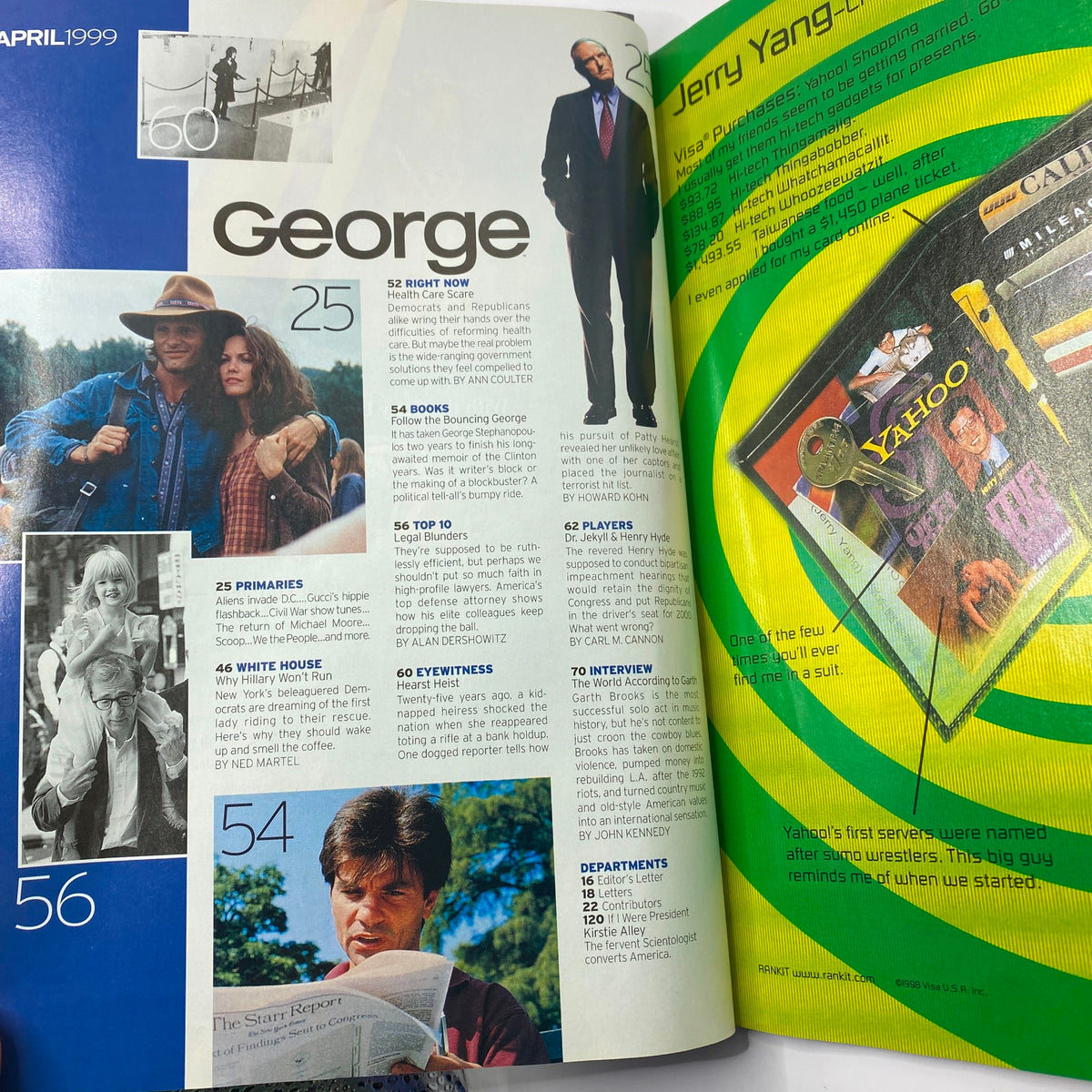 Another interior page of George Magazine April 1999 showing sections discussing current political events and interviews, emphasizing the publication's focus on notable personalities and significant issues of the era.