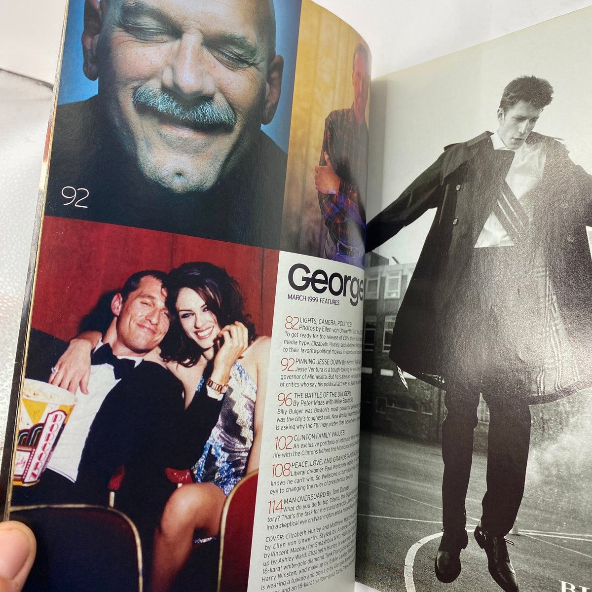 Inside spread of George Magazine March 1999, showcasing a featured article with Matthew McConaughey and Elizabeth Hurley, reflecting on their influence in entertainment and politics.