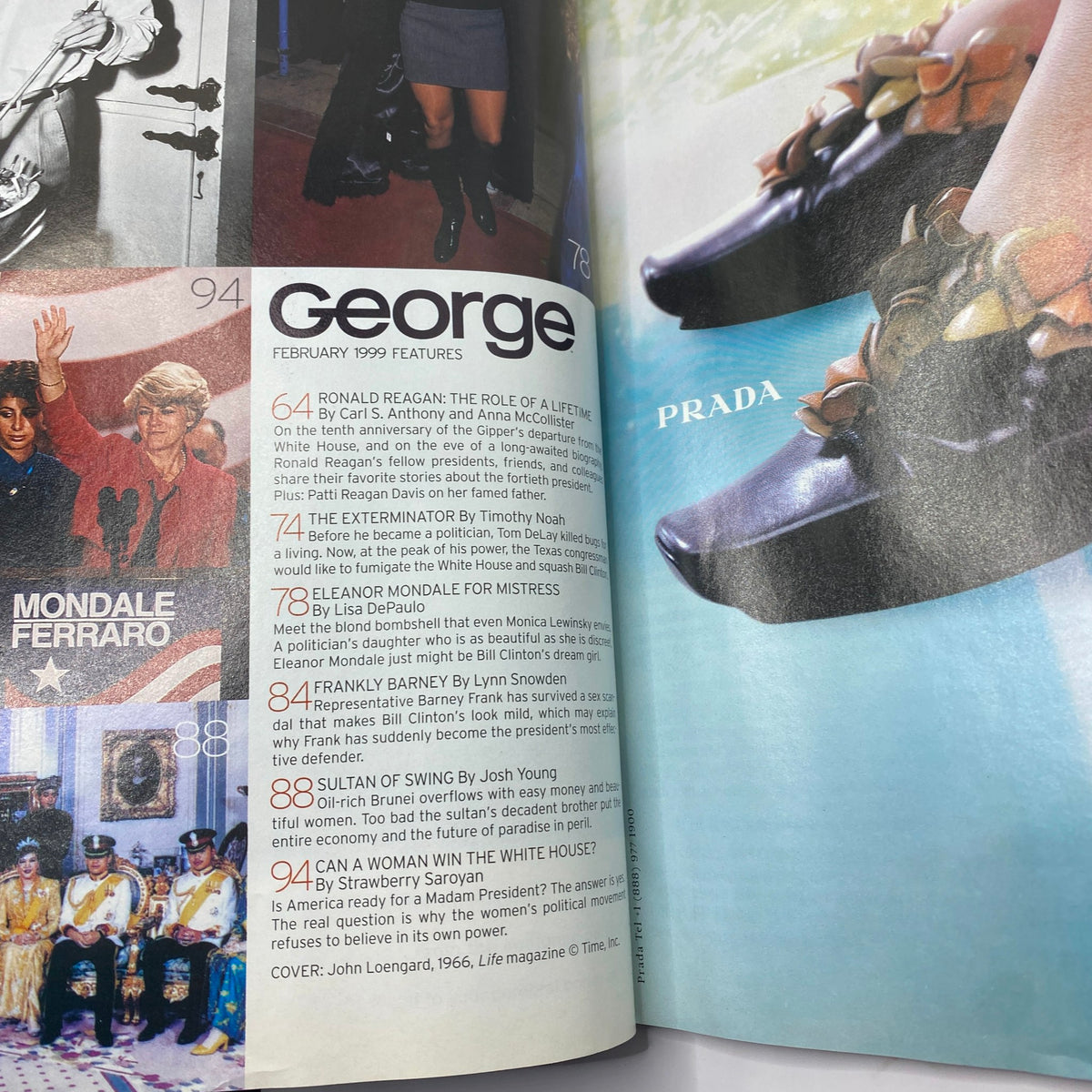 Feature pages from George Magazine February 1999 showcasing articles on Ronald Reagan and political commentary, with stylish visuals.