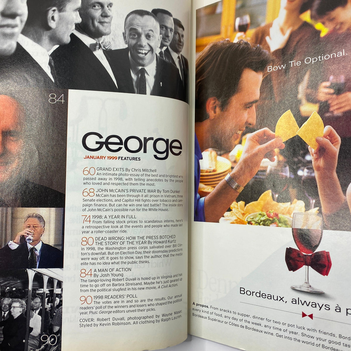 Inside view of George Magazine January 1999 featuring articles, discussions, and visuals, showcasing Robert Duvall and James Carville, a collectible for cinema and political commentary enthusiasts.