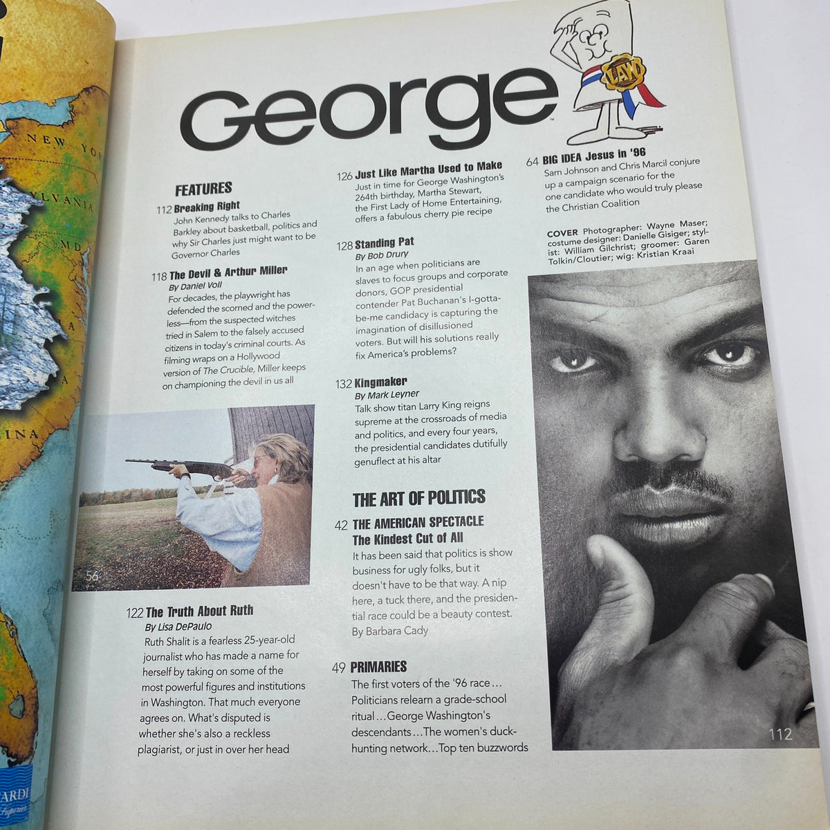George Magazine February - March 1996 featuring Charles Barkley. A page showcasing magazine features and articles, highlighting the blend of politics and pop culture.
