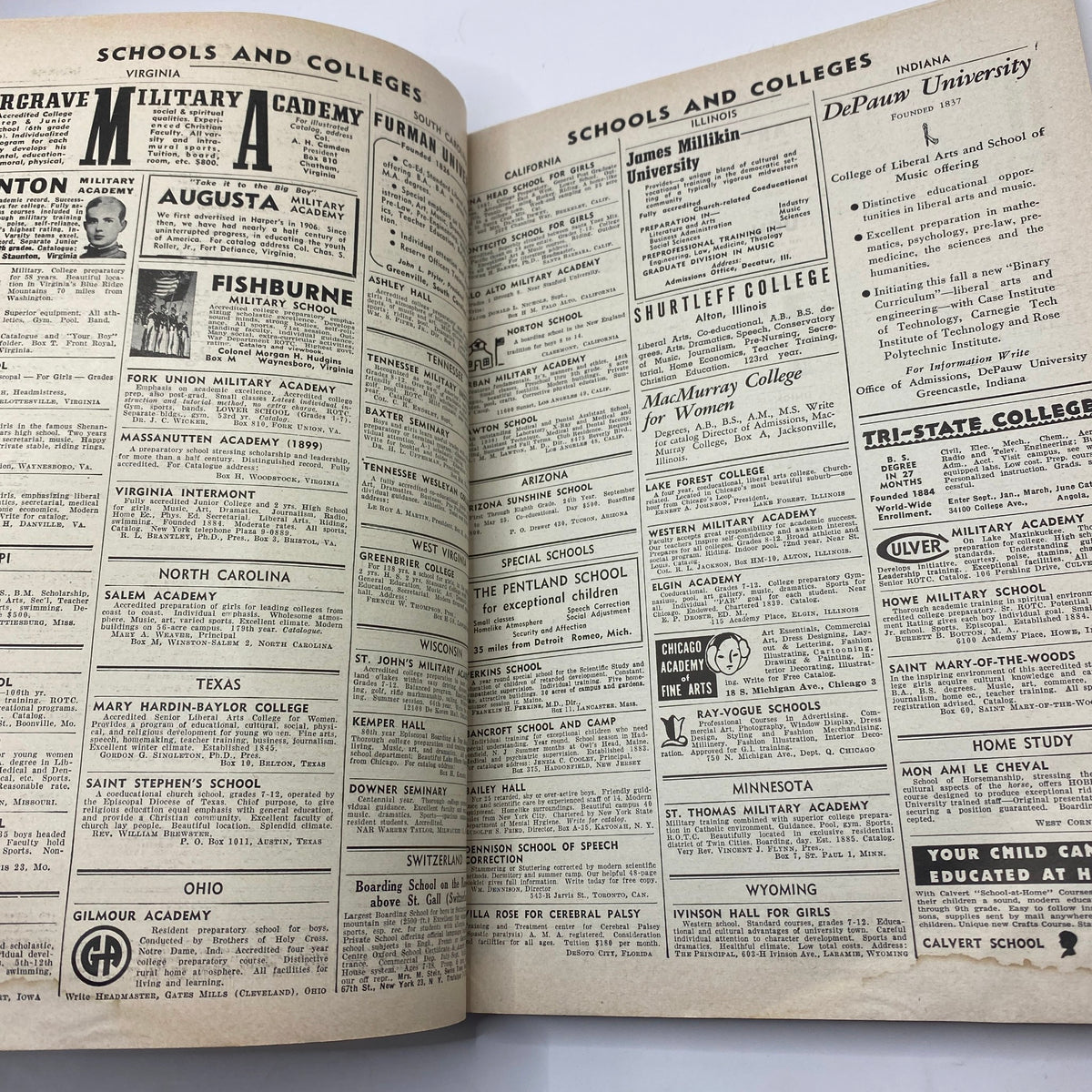 Publication page showing listings of schools and colleges from Harper's Magazine October 1950, Volume 201, Number 1205 Centennial Issue.