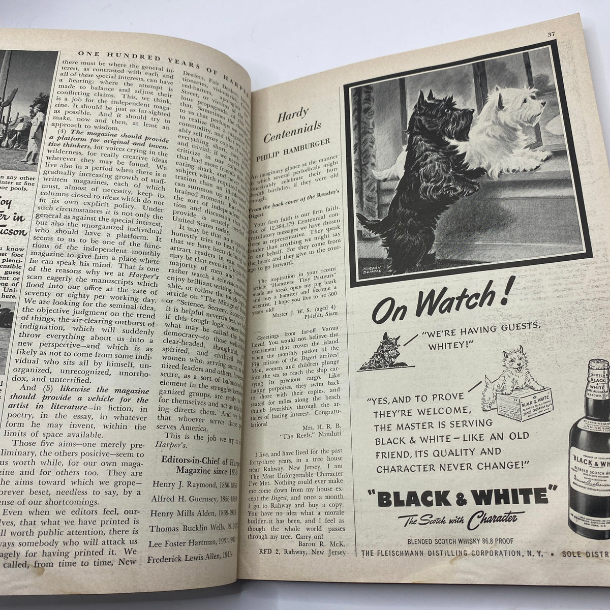 Page featuring 'Hardy Centennials' from Harper's Magazine October 1950, discussing the magazine's history and editorial direction.