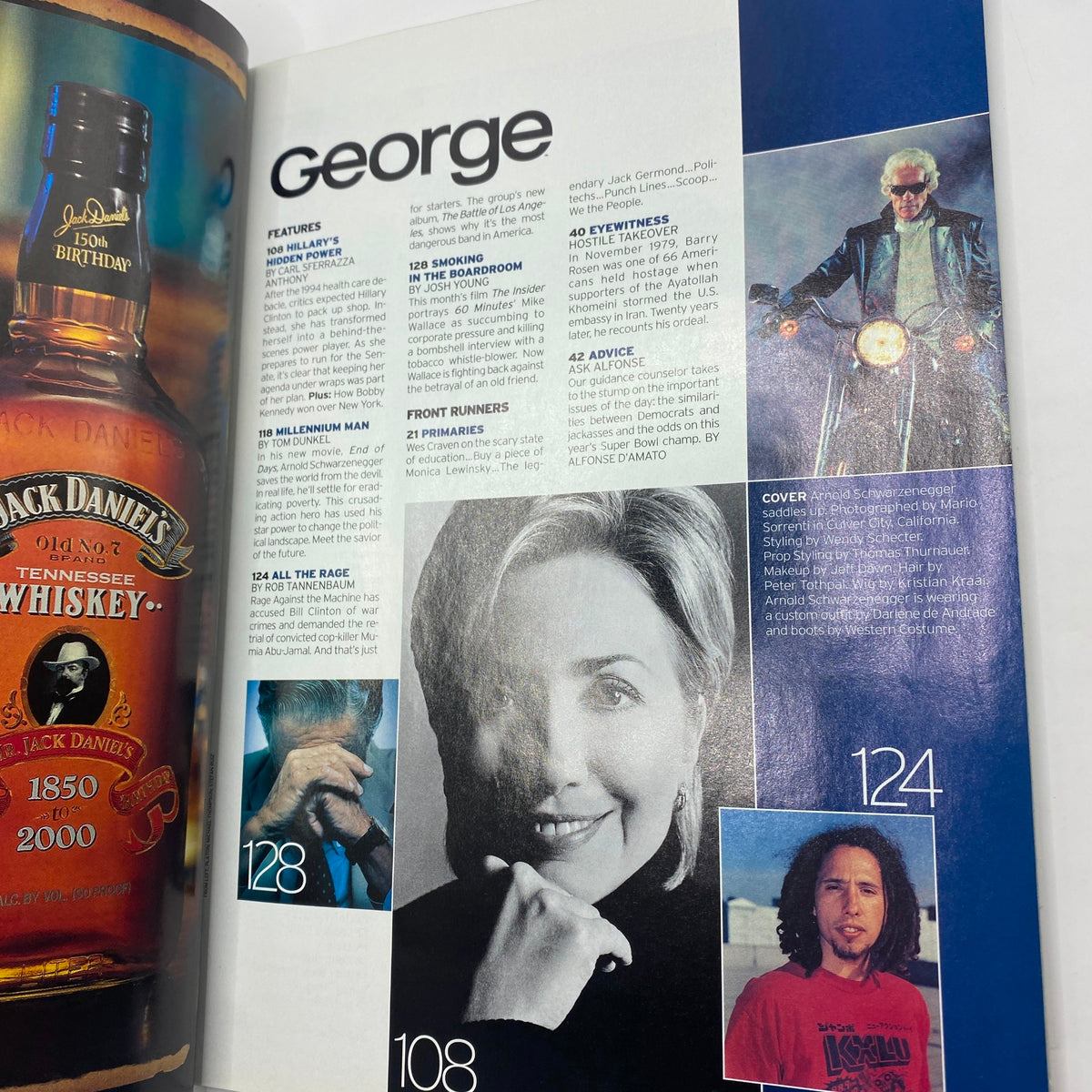 Inside page of George Magazine November 1999 featuring a feature list including an interview with Hillary Clinton and content overview, showcasing its blend of politics and entertainment.