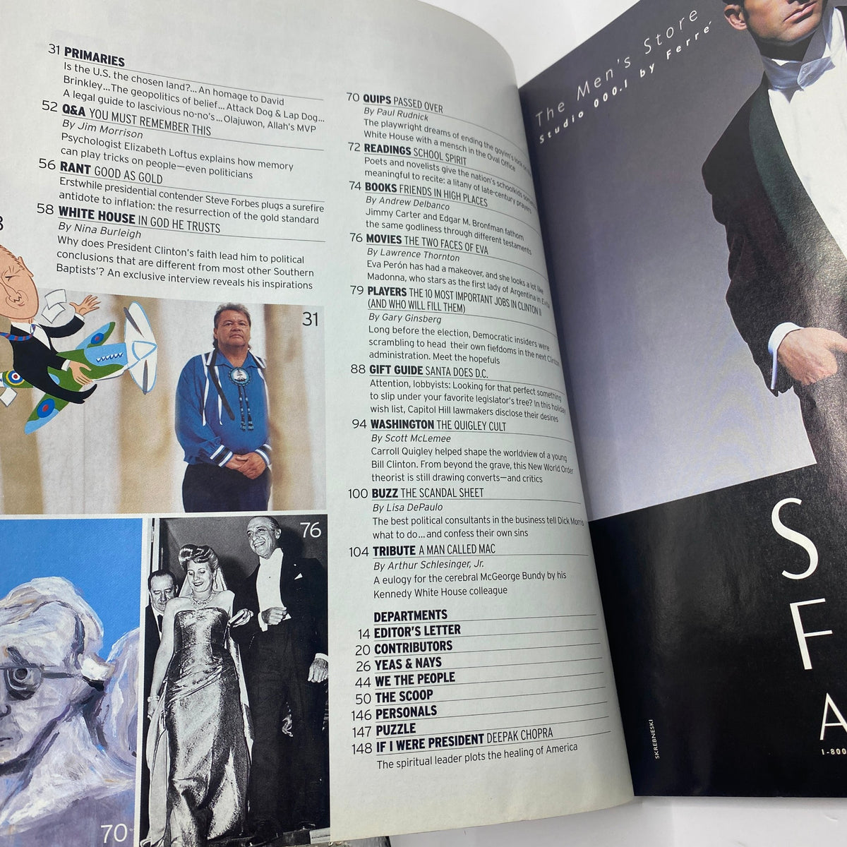 Another interior page from George Magazine December 1996, including editorial sections and an overview of features related to celebrities and political discussions.