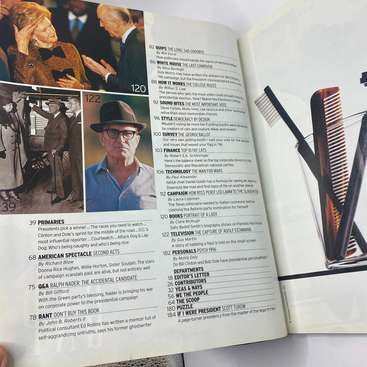 Another page from George Magazine November 1996 showing articles about political campaigns and prominent interviews.