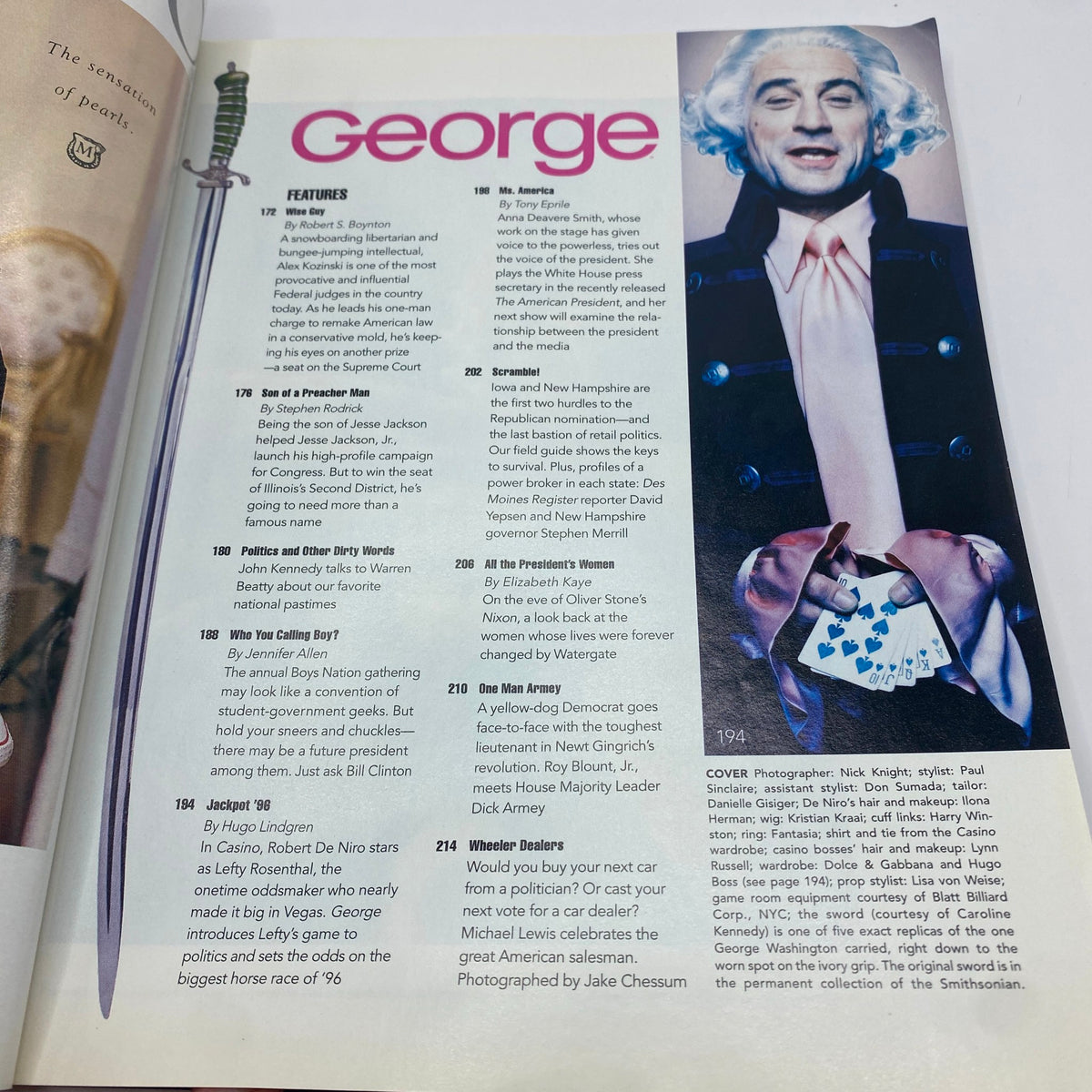Interior page of George Magazine December - January 1996 showcasing features including politics and celebrity discussion.