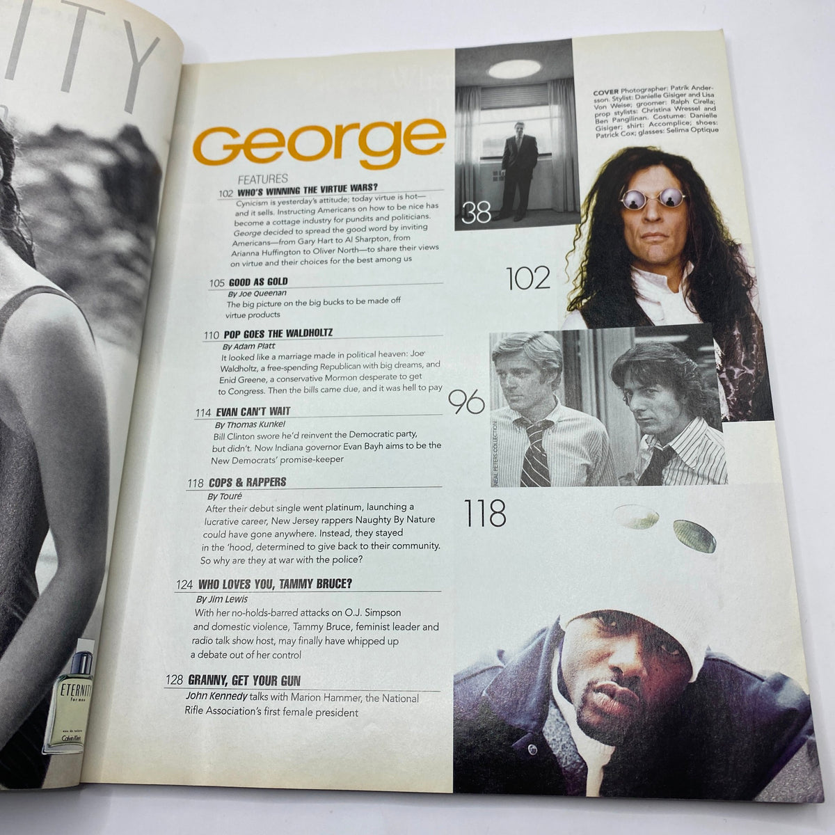 Inside pages of George Magazine April - May 1996 featuring Howard Stern and Candice Bergen, showcasing articles and features including politics, celebrity interviews, and cultural commentary.