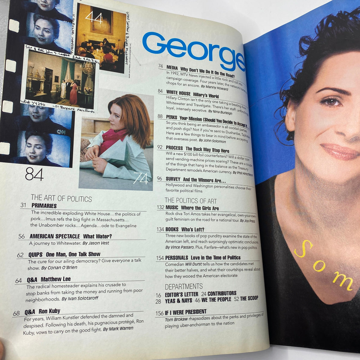 Another spread from George Magazine April - May 1996 displaying segments on the art of politics and notable figures, including a discussion of media and interviews.