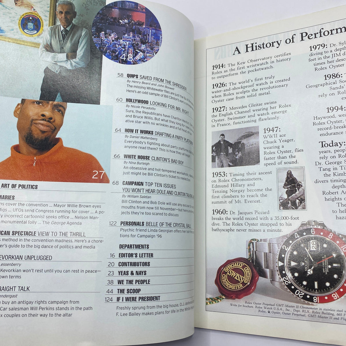 Page from George Magazine August 1996 showcasing political themes, history, and contemporary culture related to the political landscape.
