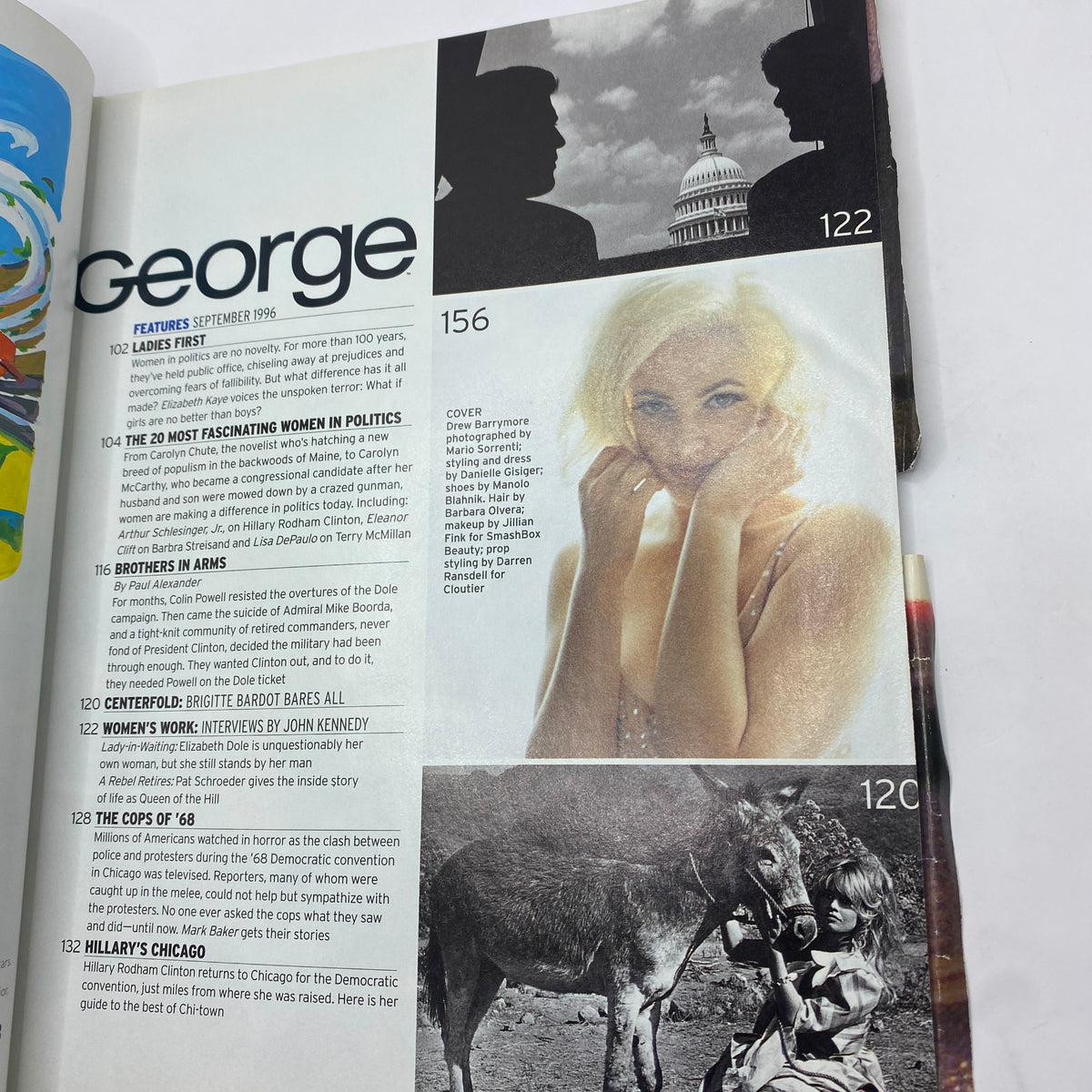 Contents page of George Magazine September 1996 highlighting featured articles, including a cover story on Drew Barrymore and a profile on Elizabeth Dole.
